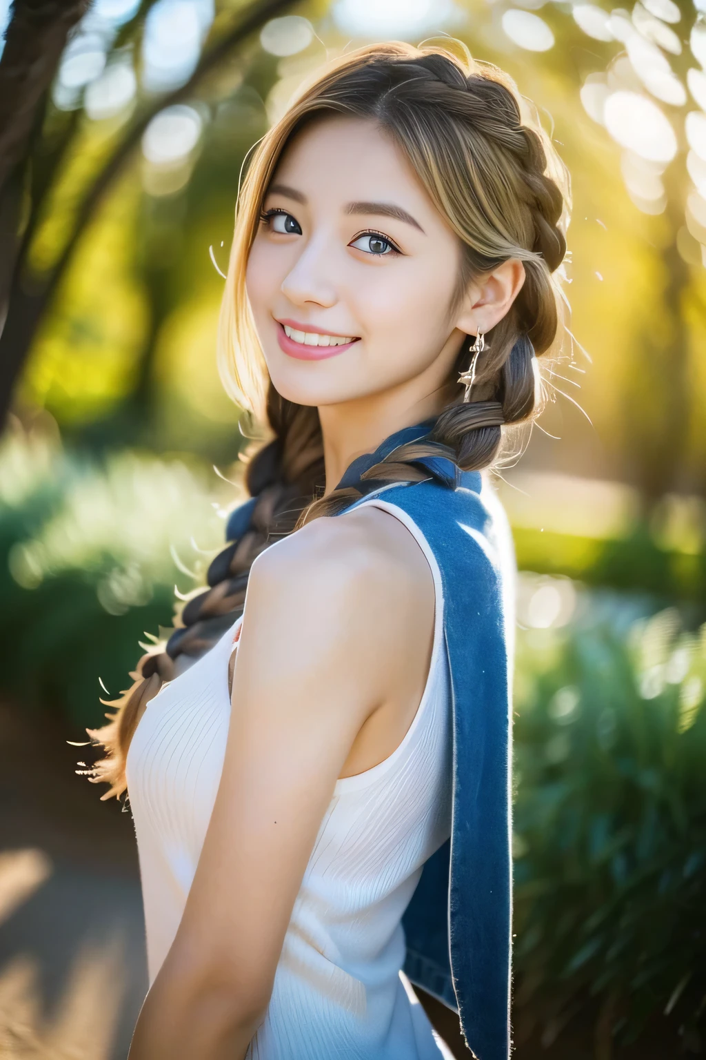 (((32K,very high resolution, high detail, Highly accurate,masterpiece girl 1))),RAW photo & realistic atmosphere,beautiful dark blue eyes,detailed mouth,glossy lips,thin eyebrows,Soft white skin that shines in every detail,,fine eyes、Her deep blue eyes are so beautiful,detailed lips、very beautiful face,very well-shaped face、lifelike face,glossy beautiful lips,beautiful eyebrows,infinite reality,best design,（Insanely cute sober and modest Japan 18-year-old girl,,toned body,Perfect Gal Leader Model,Beautifully shaped breasts,She&#39;s a very cute girl,：1.5）,best natural makeup,Japanese ID,korean idol,Young sensual idol,Moist eyes,dark beautiful eyes,beautiful butt,美しいfeet,,camel&#39;feet,：1.3),ultra high resolution、,natural and realistic face,Backlight,Her pure eyes are too cute,(((photorealism,Take a full body photo))),,reality live action,（simple earrings,necklace,nail art,Colorful poncho,Camping Fashion,The hair is braided and tied in a mixture of blonde and blue,alone,,smile a little,Full body Esbian：1.7）,（Show full-body fashion,Shine cheerfully１５Year old ,Outdoor Hats,Camping night bonfire,hiking boots,Dense and beautiful tattoo art on the neck：1.8）
