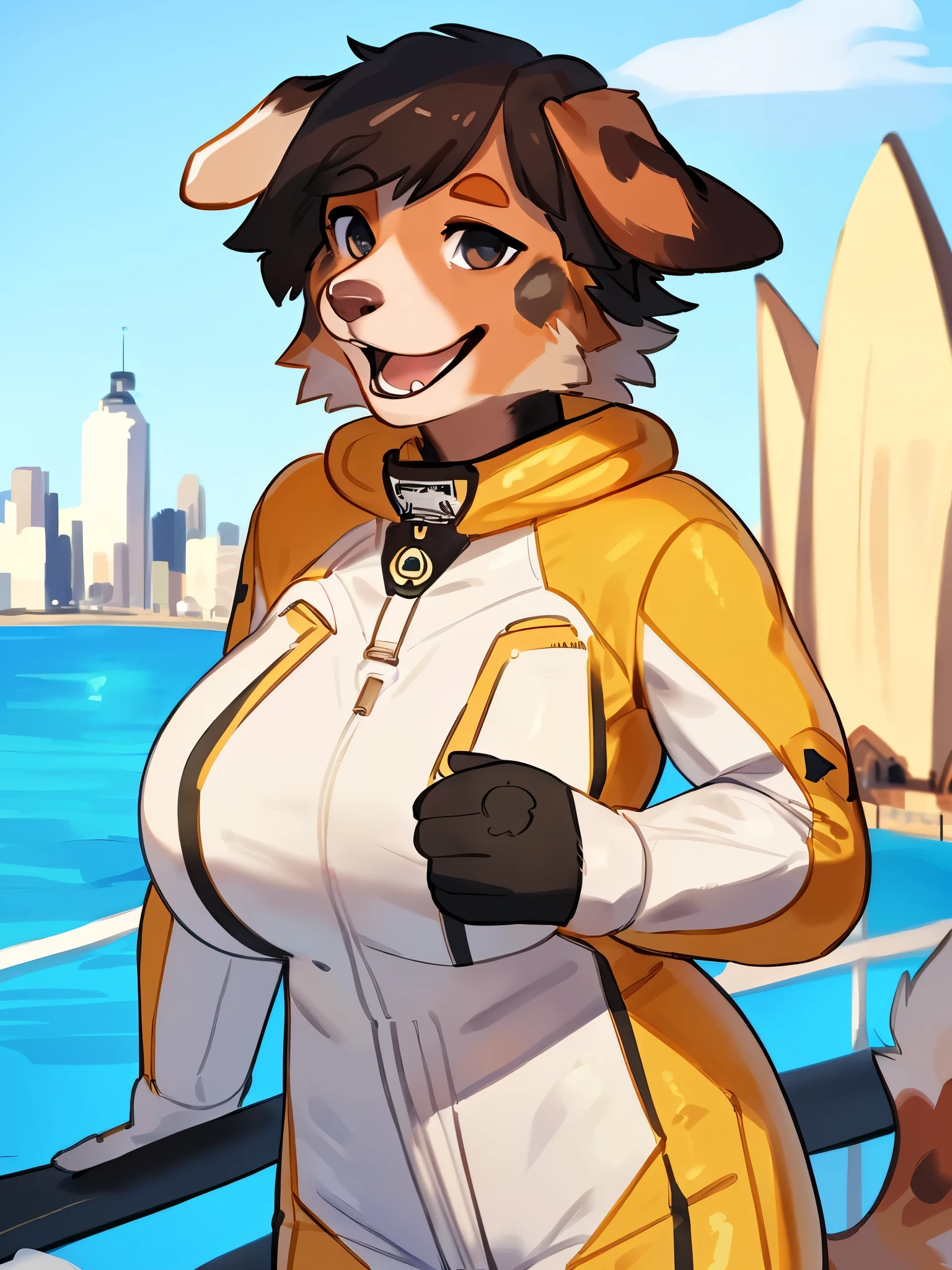 by bebebebebe, by lostgoose, by goonie-san, solo, female, standing, ((snout, hair, hair, australian shepherd)), detailed eyes, french city, open mouth, smiling, happy, ((designer clothes, dior spacesuit)), big breasts