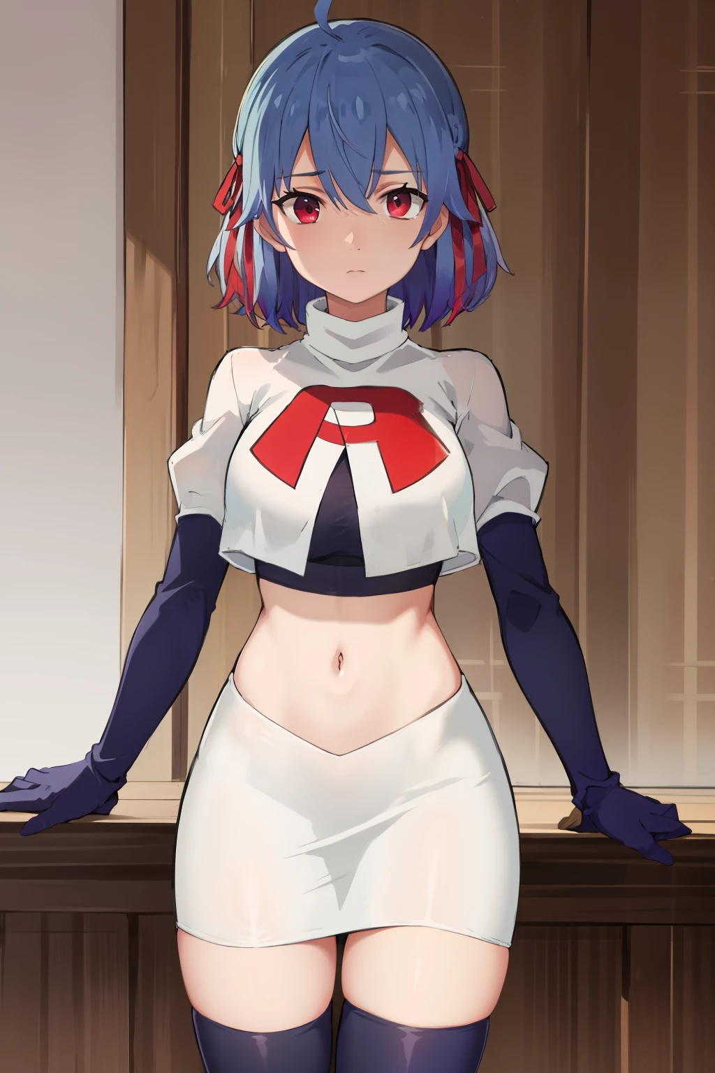 (exceptional, best aesthetic, new, newest, best quality, masterpiece, extremely detailed),Ruti, 1girl, solo, ribbon, hair ribbon, short hair, red eyes, blue hair, ahoge, multicolored hair, gradient hair, jewelry, bangs, expressionless, looking at viewer, hair between eyes, team rocket,team rocket uniform,white skirt,red letter R,crop top,black thigh-highs,black elbow gloves