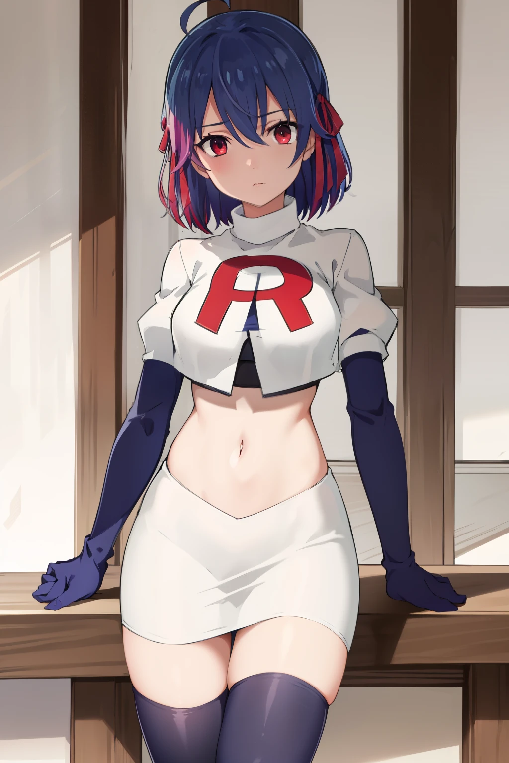 (exceptional, best aesthetic, new, newest, best quality, masterpiece, extremely detailed),Ruti, 1girl, solo, ribbon, hair ribbon, short hair, red eyes, blue hair, ahoge, multicolored hair, gradient hair, jewelry, bangs, expressionless, looking at viewer, hair between eyes, team rocket,team rocket uniform,white skirt,red letter R,crop top,black thigh-highs,black elbow gloves