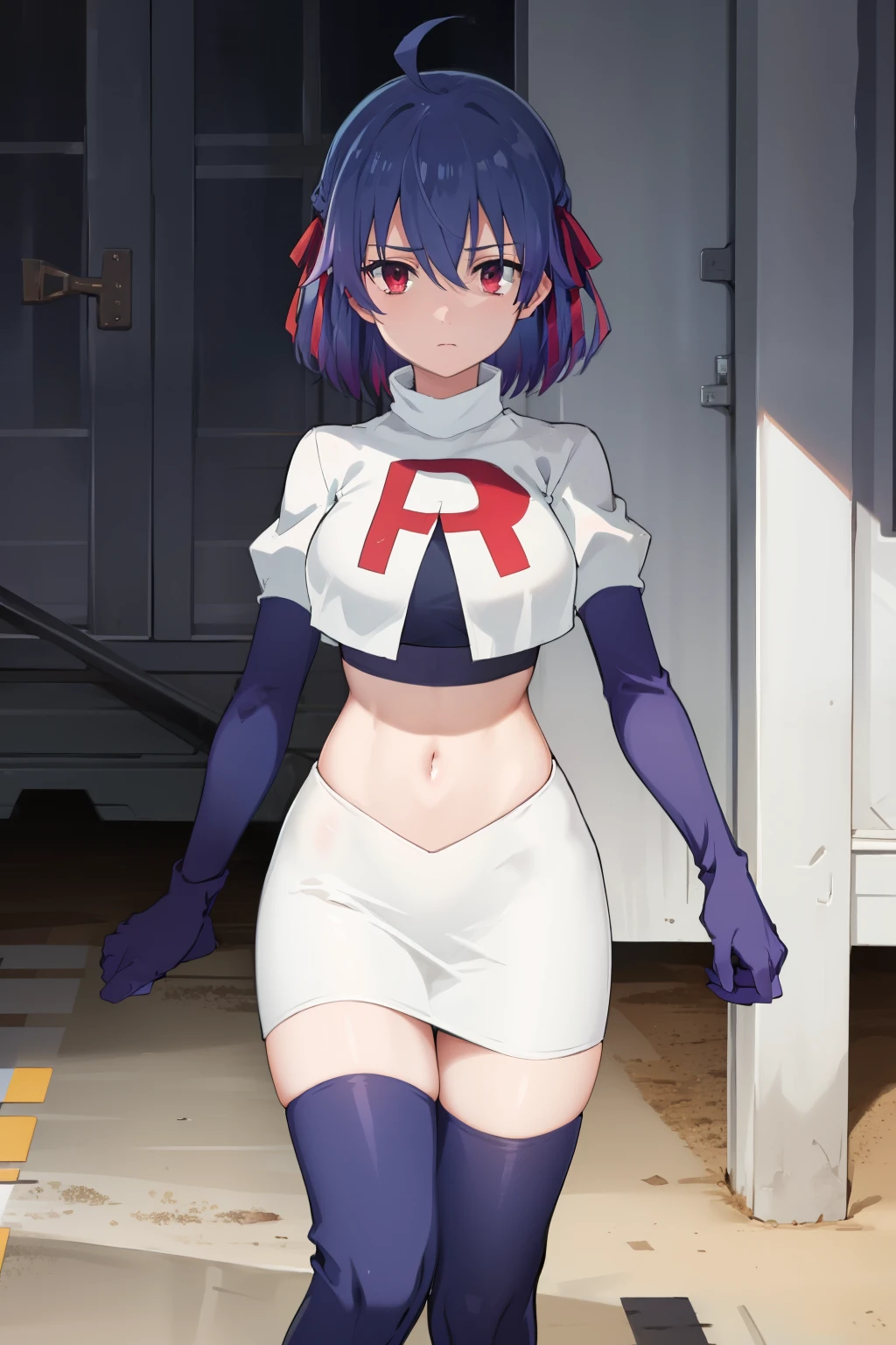 (exceptional, best aesthetic, new, newest, best quality, masterpiece, extremely detailed),Ruti, 1girl, solo, ribbon, hair ribbon, short hair, red eyes, blue hair, ahoge, multicolored hair, gradient hair, jewelry, bangs, expressionless, looking at viewer, hair between eyes, team rocket,team rocket uniform,white skirt,red letter R,crop top,black thigh-highs,black elbow gloves