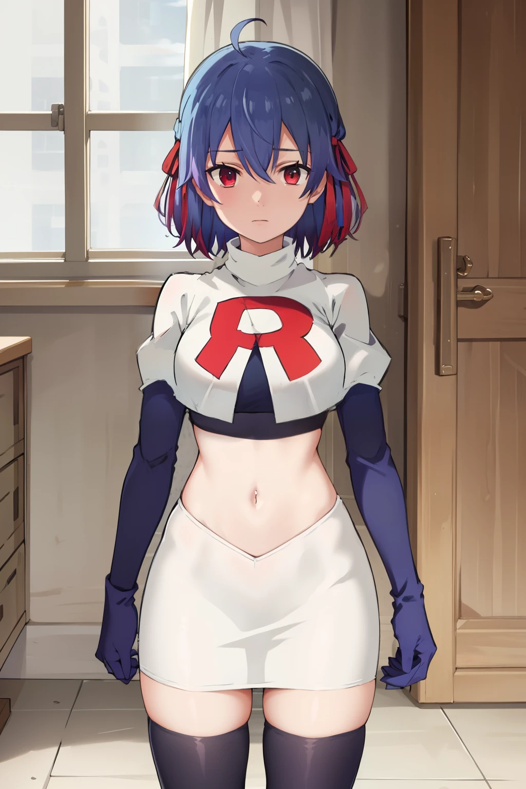 (exceptional, best aesthetic, new, newest, best quality, masterpiece, extremely detailed),Ruti, 1girl, solo, ribbon, hair ribbon, short hair, red eyes, blue hair, ahoge, multicolored hair, gradient hair, jewelry, bangs, expressionless, looking at viewer, hair between eyes, team rocket,team rocket uniform,white skirt,red letter R,crop top,black thigh-highs,black elbow gloves