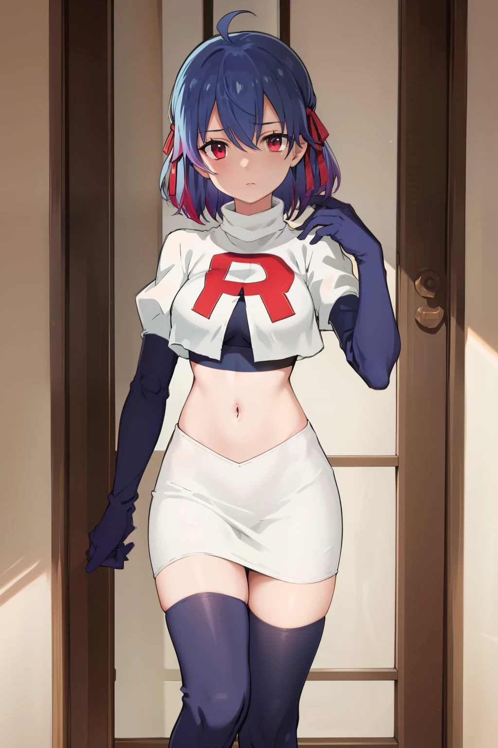 (exceptional, best aesthetic, new, newest, best quality, masterpiece, extremely detailed),Ruti, 1girl, solo, ribbon, hair ribbon, short hair, red eyes, blue hair, ahoge, multicolored hair, gradient hair, jewelry, bangs, expressionless, looking at viewer, hair between eyes, team rocket,team rocket uniform,white skirt,red letter R,crop top,black thigh-highs,black elbow gloves