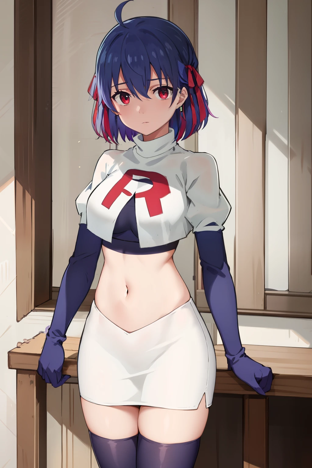 (exceptional, best aesthetic, new, newest, best quality, masterpiece, extremely detailed),Ruti, 1girl, solo, ribbon, hair ribbon, short hair, red eyes, blue hair, ahoge, multicolored hair, gradient hair, jewelry, bangs, expressionless, looking at viewer, hair between eyes, team rocket,team rocket uniform,white skirt,red letter R,crop top,black thigh-highs,black elbow gloves