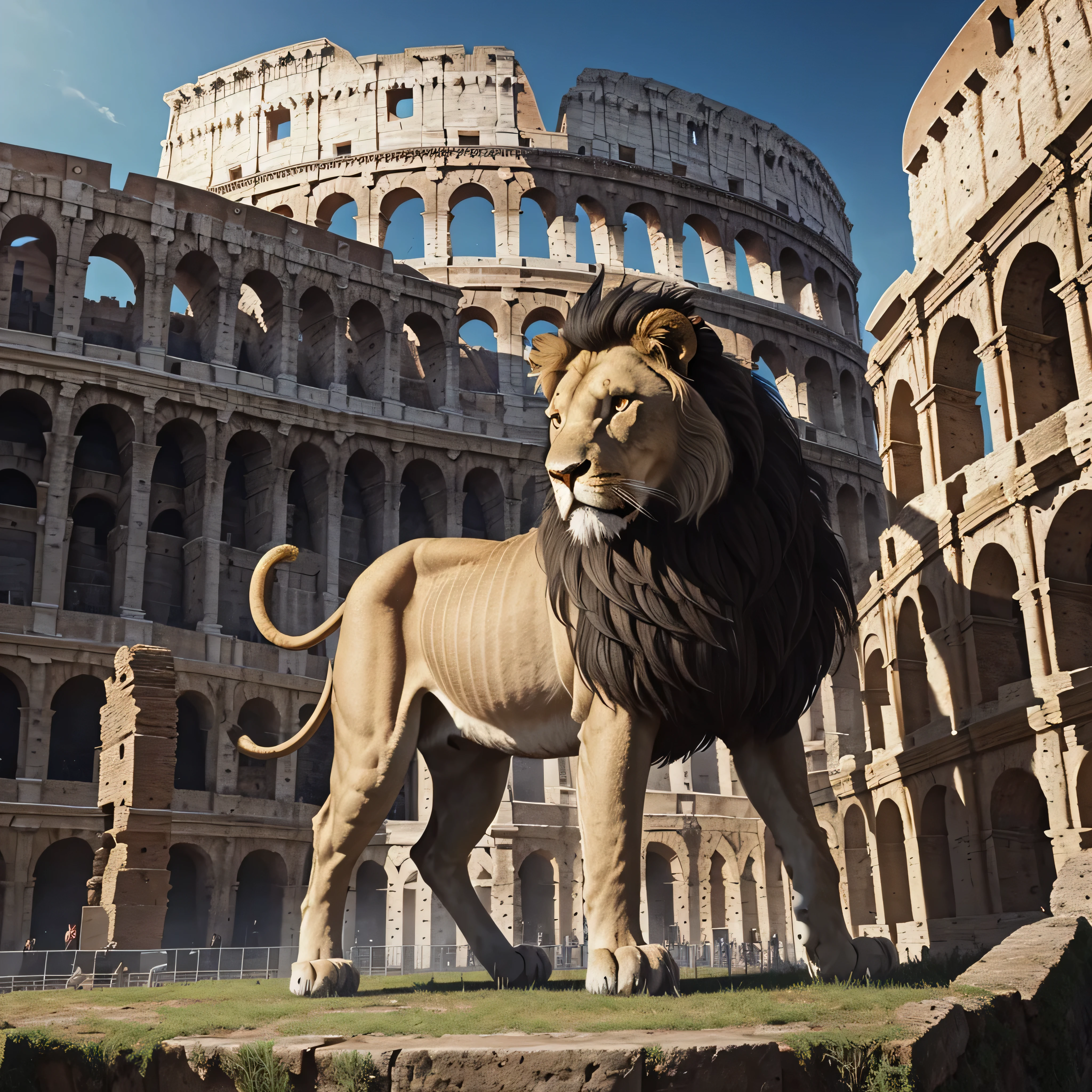 Drawing of a medieval lion with two large wings, tail and horns of a scorpion., With thick hair, with horns, against the backdrop of the Colosseum, seven realism