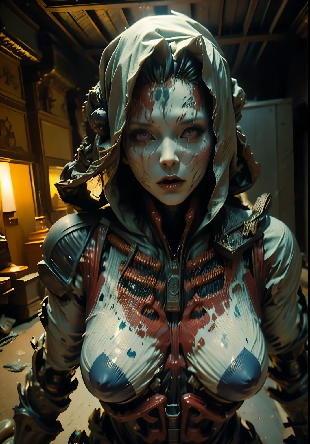 Cyberpunk underground biochemical base at night,Collagen Moisturizing Skin Protective Mask,Light blue metallic magnesium powder moisturizes skin,Charming hot marble noble princess statue,light hair,Masterpiece Samus,shocked expression,Close-up neon traces,slender posture,cracked marble ice sculpture,Kazlan’s pretty face,rococo art,light blue marble skin,Ultra-clear marble body cracks 8K details,This photo takes place in a dark underground palace,There is a romantic atmosphere and special effects halo behind the dancers,Black velvet wet silk robe,super clear breasts,Kazlan opened his eyes wide.