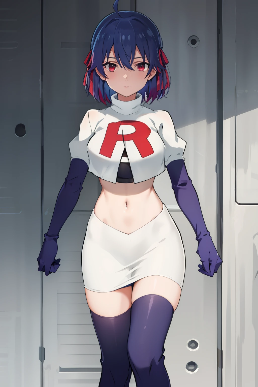 (exceptional, best aesthetic, new, newest, best quality, masterpiece, extremely detailed),Ruti, 1girl, solo, ribbon, hair ribbon, short hair, red eyes, blue hair, ahoge, multicolored hair, gradient hair, jewelry, bangs, expressionless, looking at viewer, hair between eyes, team rocket,team rocket uniform,white skirt,red letter R,crop top,black thigh-highs,black elbow gloves