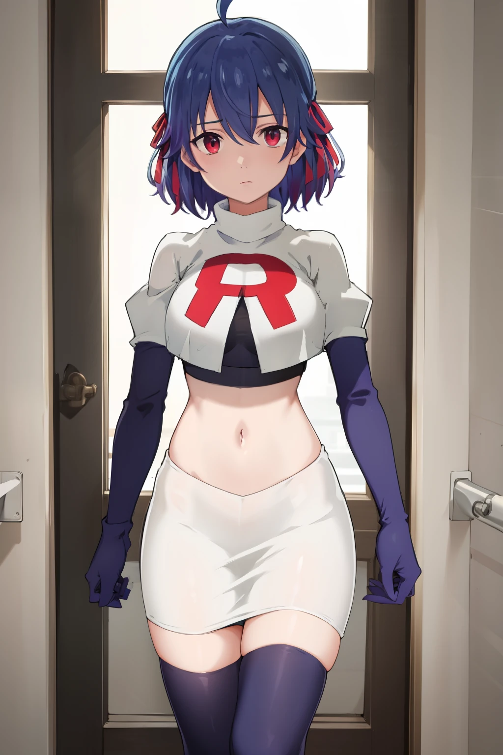 (exceptional, best aesthetic, new, newest, best quality, masterpiece, extremely detailed),Ruti, 1girl, solo, ribbon, hair ribbon, short hair, red eyes, blue hair, ahoge, multicolored hair, gradient hair, jewelry, bangs, expressionless, looking at viewer, hair between eyes, team rocket,team rocket uniform,white skirt,red letter R,crop top,black thigh-highs,black elbow gloves