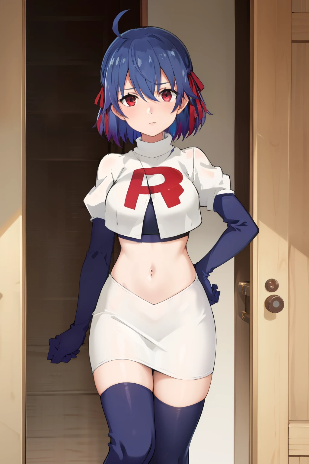 (exceptional, best aesthetic, new, newest, best quality, masterpiece, extremely detailed),Ruti, 1girl, solo, ribbon, hair ribbon, short hair, red eyes, blue hair, ahoge, multicolored hair, gradient hair, jewelry, bangs, expressionless, looking at viewer, hair between eyes, team rocket,team rocket uniform,white skirt,red letter R,crop top,black thigh-highs,black elbow gloves