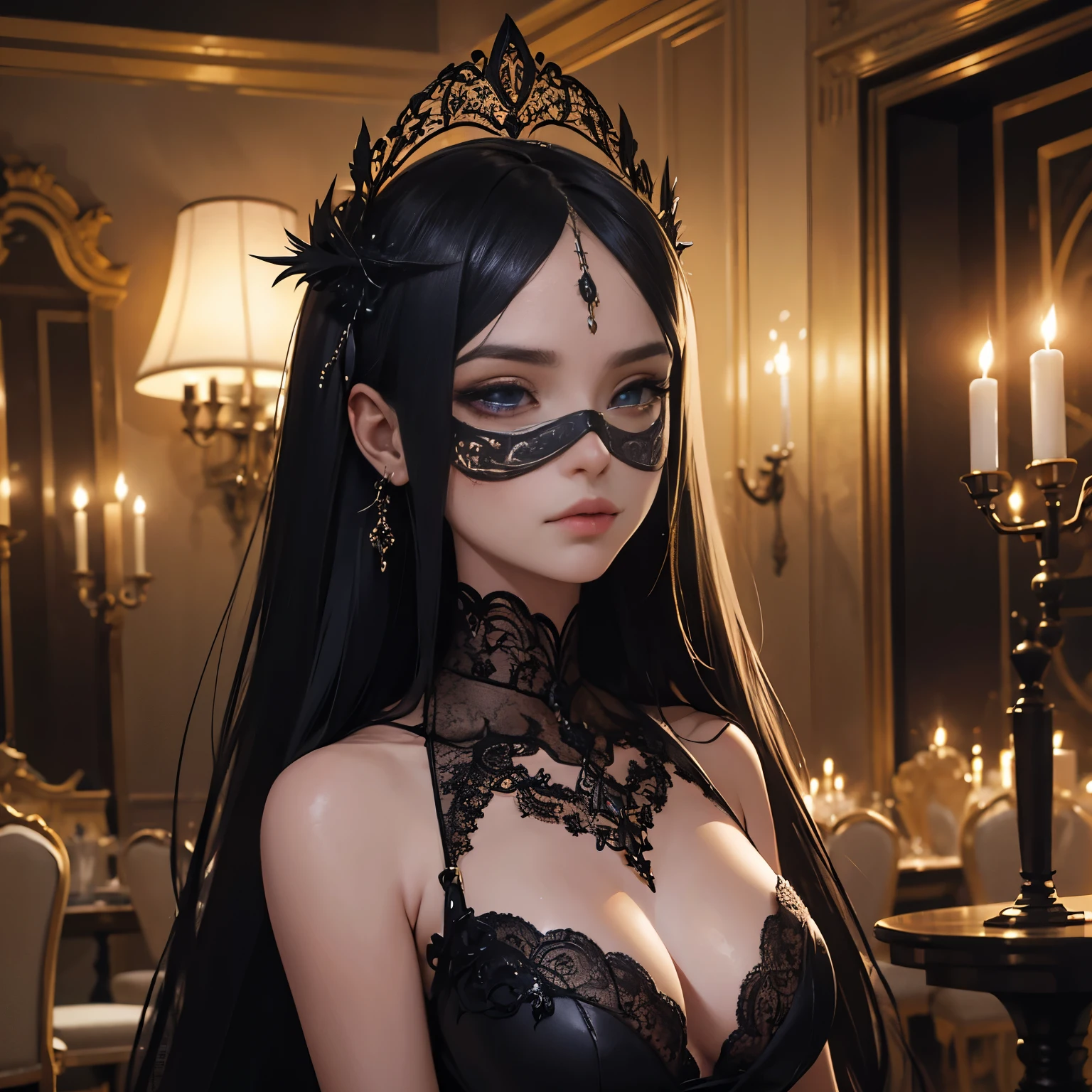 estilo de terror H.R. Giger style In the dimly lit ballroom of a masquerade ball, a young demon woman captures attention with an air of mystery and elegance. Vestida com um luxuoso vestido apertado, ela se move graciosamente, a Mask que ela usa acrescenta um elemento de intriga, escondendo sua identidade, highlighting the sparkle in your eyes Your hair is intricately styled, adorned with subtle accessories that capture the soft glow of candlelight. a Mask, an exquisite feather creation, lace or elaborate patterns . Surrealista, Biomechanicals, airbrush, escuro, "impressionista . escuro, misterioso, Gothic, macabrees