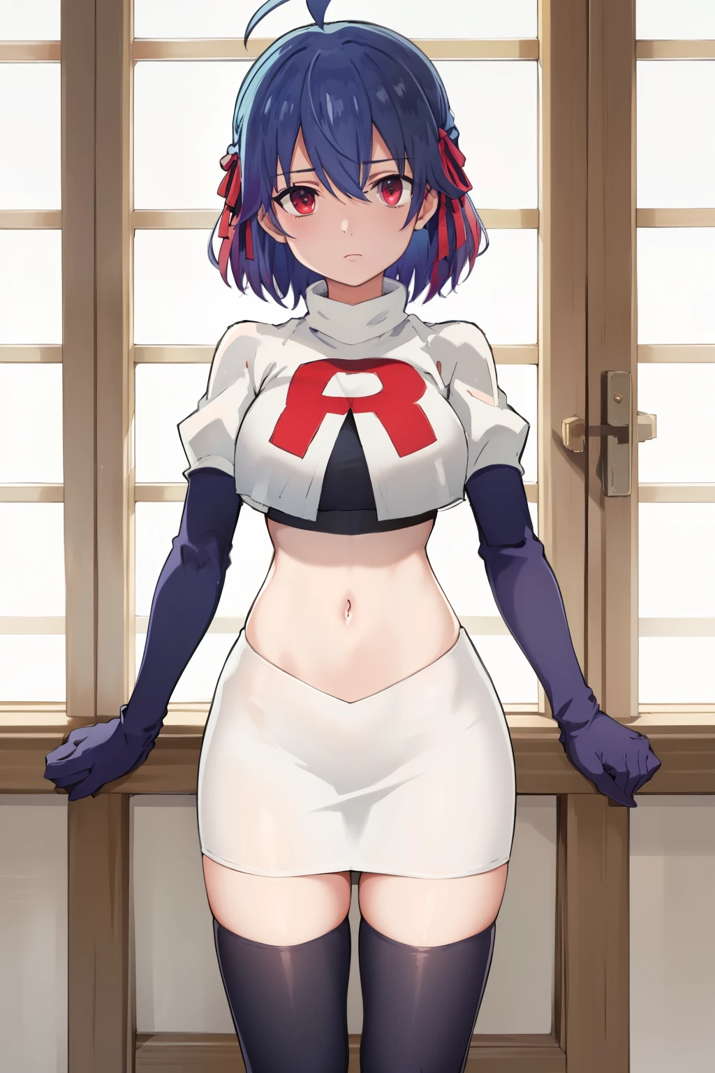 (exceptional, best aesthetic, new, newest, best quality, masterpiece, extremely detailed),Ruti, 1girl, solo, ribbon, hair ribbon, short hair, red eyes, blue hair, ahoge, multicolored hair, gradient hair, jewelry, bangs, expressionless, looking at viewer, hair between eyes, team rocket,team rocket uniform,white skirt,red letter R,crop top,black thigh-highs,black elbow gloves