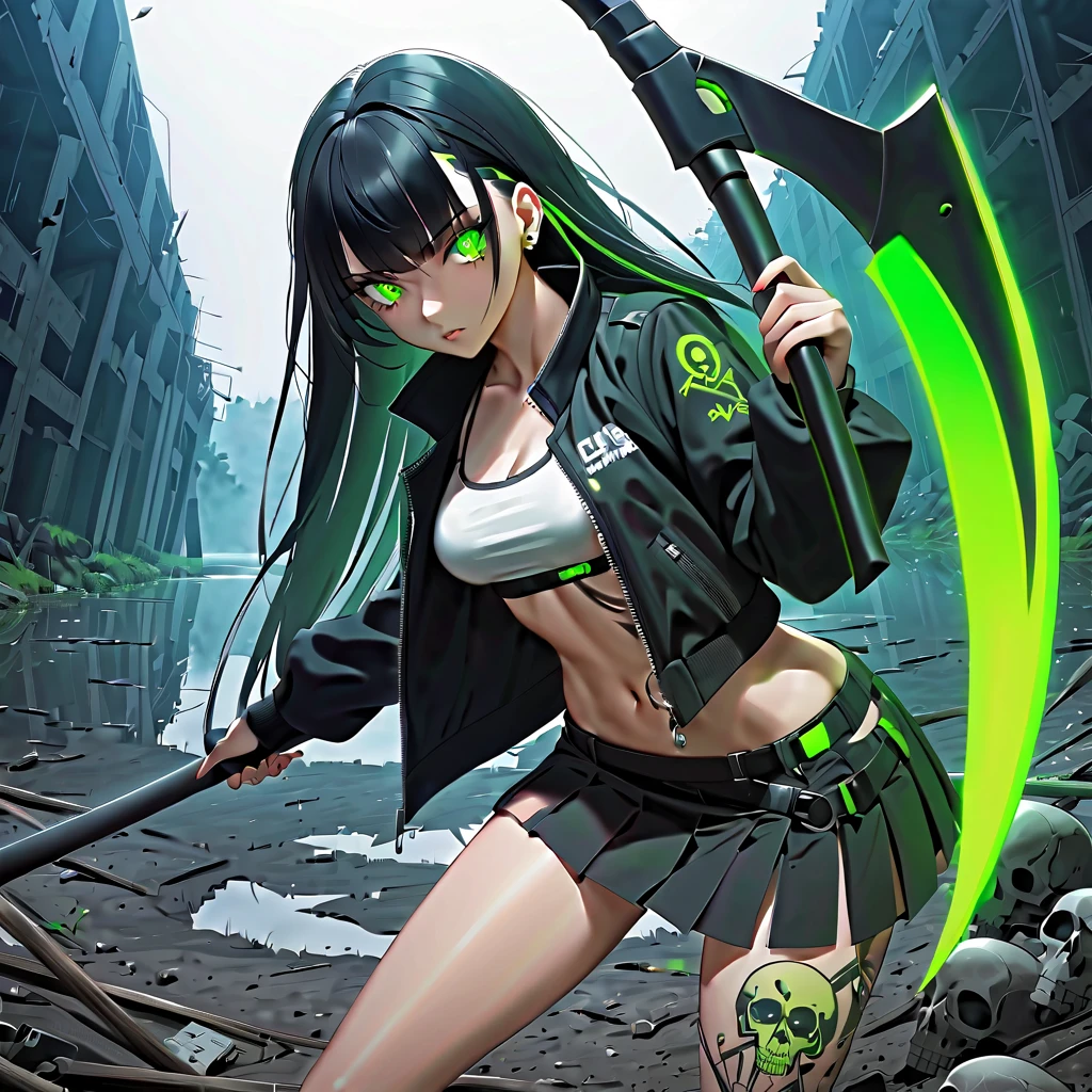 1 girl, solo, long_hair, bangs_between_the_eyes black_hair_with_strands_green, bi_color_ green_neon eyes, sexy_face, HOLDING A SCYTHE IN HAND NEAR THE GROUND, CRUSHING A SKULL WITH AN SCYTHE, cyberpunk_clothes, short_jacket, navel appears, short_skirt, tatto_legs, left_arm_band, tattoo_above_navel_background_of_abandoned_lake_contaminated, manga_style_image .