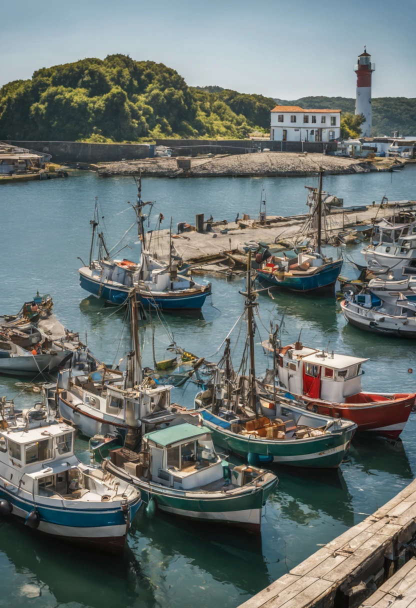 Daytime in a fishing port with several fishing boats moored, bright sunlight, sunny summer day, peninsula jutting out into the sea in the background, lighthouse, and high quality images.