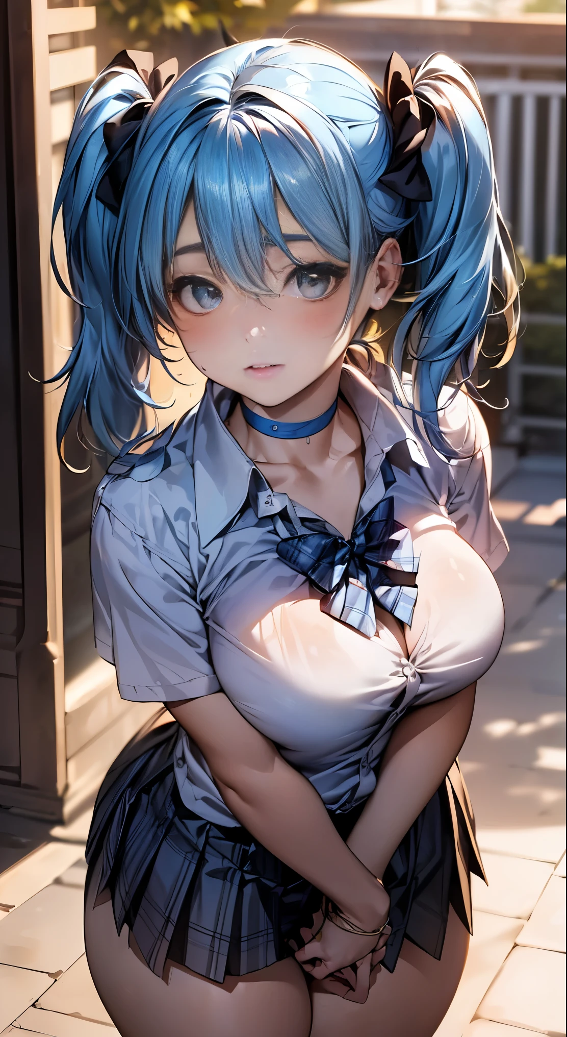 (masterpiece:1.2, highest quality), (realistic, photorealistic:1.4), beautiful illustrations,
looking at the viewer, whole body, Front view:0.6,
1 girl, Japanese, high School girl, ((medium hair:1.5, twin tails:1.3, light blue hair:1.4)), blown hair, bangs, hair between eyes, big breasts:0.8,
beautiful hair, ((plump contours)), beautiful and detailed eyes, beautiful clavicle, ((a little thick body:1.5)), beautiful breasts, beautiful thighs, beautiful feet, beautiful fingers,
(beautiful scenery), , School,
((Short sleeve shirt with collar, white shirt, , Grey plaid pleated skirt, Blue plaid bow tie, choker)), white panties,
(Are standing, , lift the skirt, Grab the hem of the skirt, put your hand on your chest, hand between legs),
blush