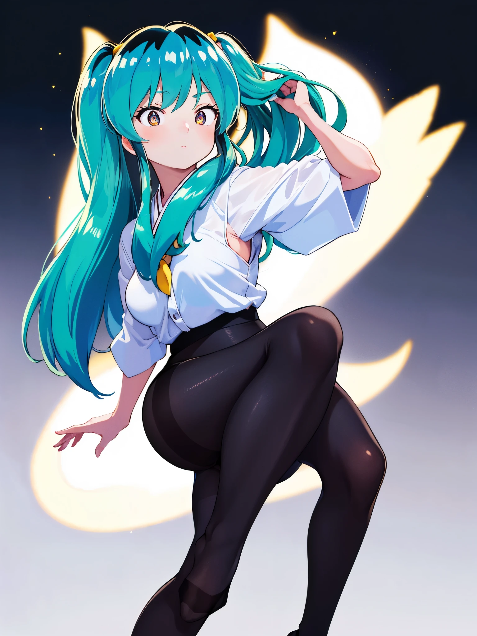 (1 girl),(high quality), (High resolution), (very detailed), (In 8K),(lower body shot),Ram from Urusei Yatsura is wearing Japanese clothes..),(black pantyhose)no shoes,perfect lighting,(Beautifully erect nipple shape:1.1),High resolutionの美しい目,(Neutral white lighting:1.2),simple background,