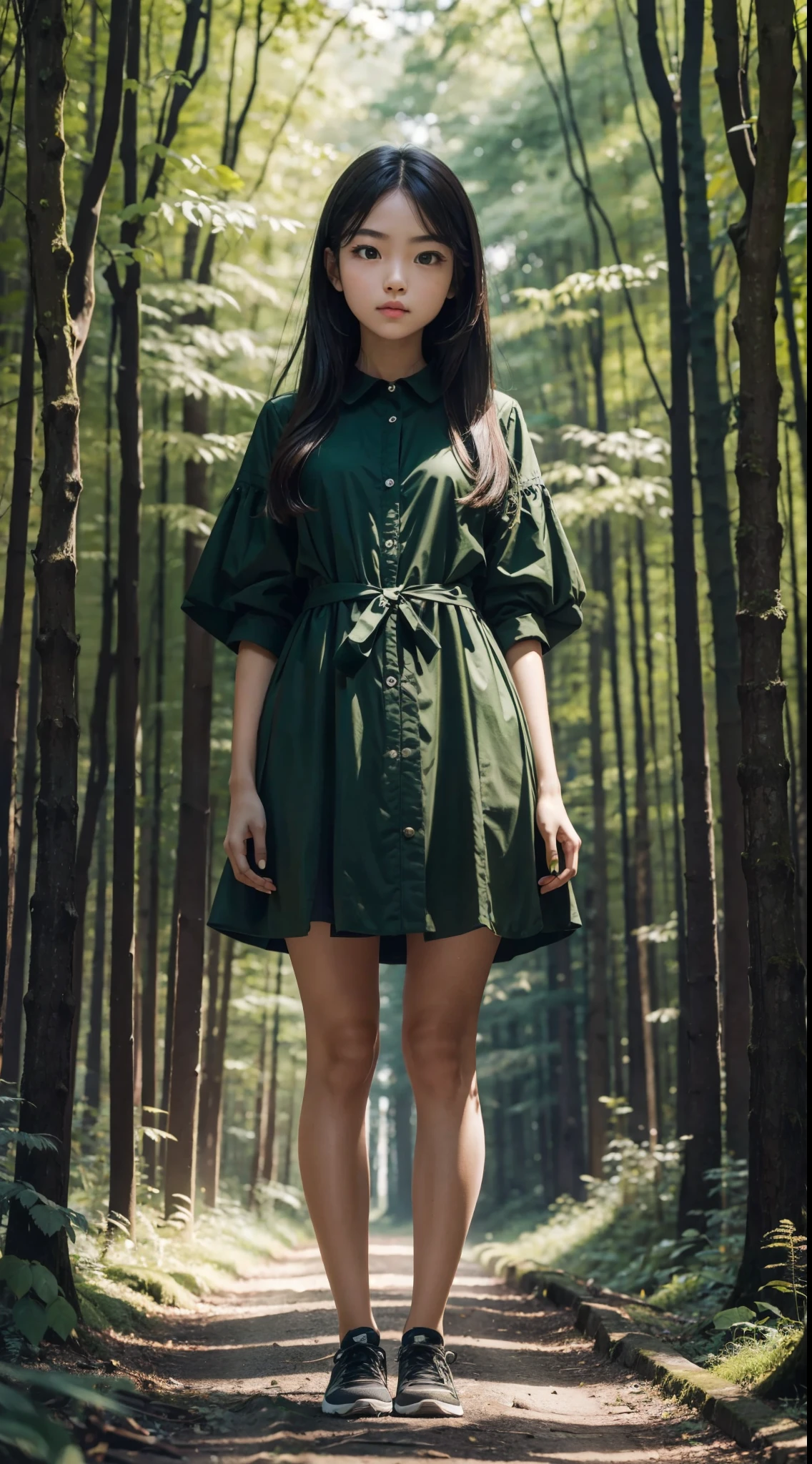 extremely beautiful girl , always repeating the same face, always repeating the same appearance, always repeating the same proportions, alone, full body, in a green forest with a small side in the background