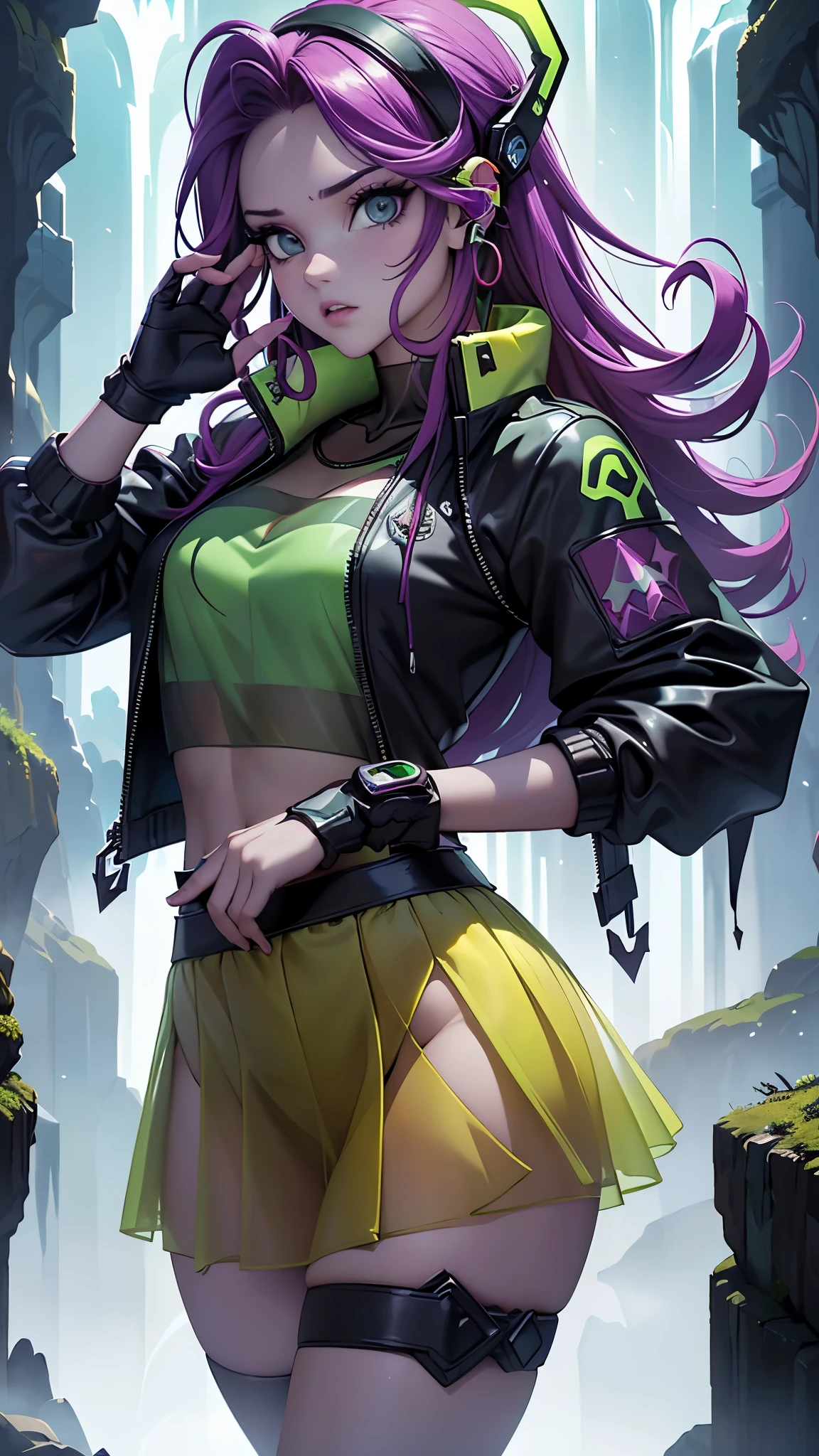 (La mejor calidad,A high resolution,Ultra - detallado,actual),Ariana Grande vestida con chaqueta verde ciborg,dance balet ,(chaqueta student neon verde:1.4), (miniskirt transparente verde colegiala ciborg:1.4),fondo pared de hielo congelado caverna, cabello largo white canoso, ,More detailed 8K.motor irreal:1.4,UHD,La mejor calidad:1.4, fotorrealista:1.4, textura de la piel:1.4, obra maestra:1.8,obra-prima, mejor calidad,objeto Objeto], (detailed face features:1.3),(Las proporciones correctas),(convexo Dedos detallados),(Ojos hermosos azules),  (pose vaquero) ,(chaqueta transparente verde ciberpunk:1.4), (fondo hielo congelado caverna:1.4), (chaqueta orange+rojo ciborg:1.4), cabello largo rojo, (perfect anatomy ), (tiene un parche en el ojo de pirata:1.4) ,(cyber cyborg orange red chaqueta) , (mostrando vientre plano), (has transparent plastic clothing:1.4) ,(mostrando panties encaje) ,(Piel negra Africana:1.4) ,( ciberpunk 2.1), (cabello largo yellow neon:1.4), (yellow cyberpunk Bluetooth headphones on the head:1.4) 