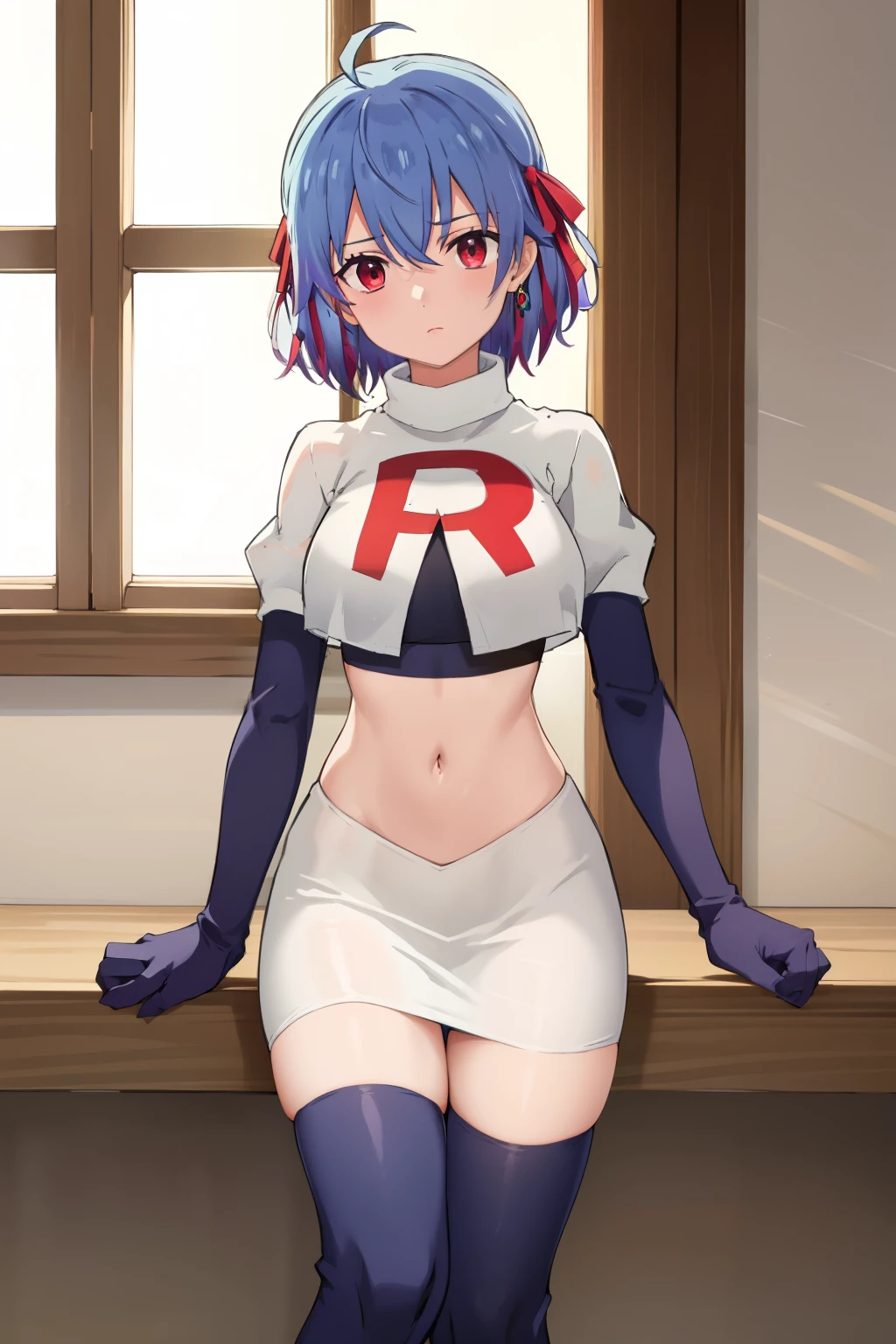 (exceptional, best aesthetic, new, newest, best quality, masterpiece, extremely detailed),Ruti, 1girl, solo, ribbon, hair ribbon, short hair, red eyes, blue hair, ahoge, multicolored hair, gradient hair, jewelry, bangs, expressionless, looking at viewer, hair between eyes, team rocket,team rocket uniform,white skirt,red letter R,crop top,black thigh-highs,black elbow gloves