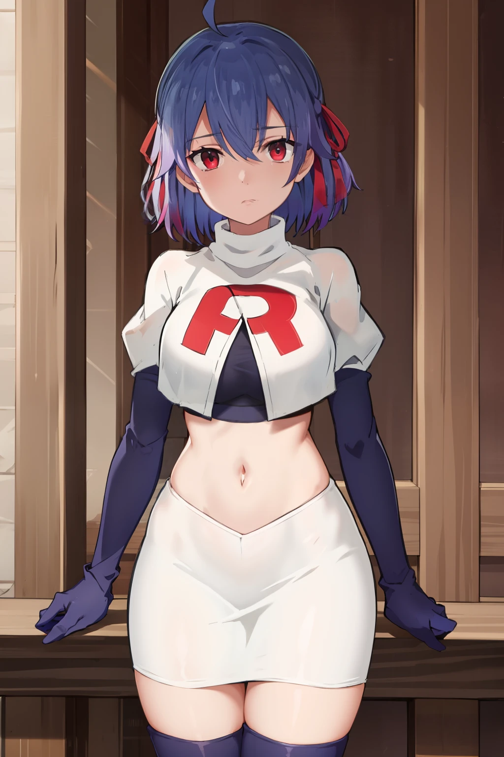 (exceptional, best aesthetic, new, newest, best quality, masterpiece, extremely detailed),Ruti, 1girl, solo, ribbon, hair ribbon, short hair, red eyes, blue hair, ahoge, multicolored hair, gradient hair, jewelry, bangs, expressionless, looking at viewer, hair between eyes, team rocket,team rocket uniform,white skirt,red letter R,crop top,black thigh-highs,black elbow gloves