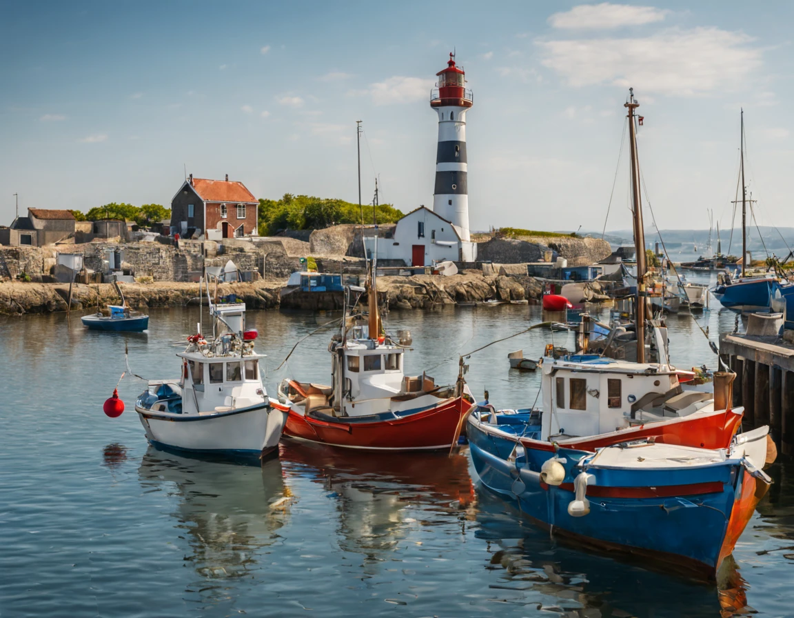 Daytime in a fishing port with several fishing boats moored, bright sunlight, sunny summer day, peninsula jutting out into the sea in the background, lighthouse, and high quality images.