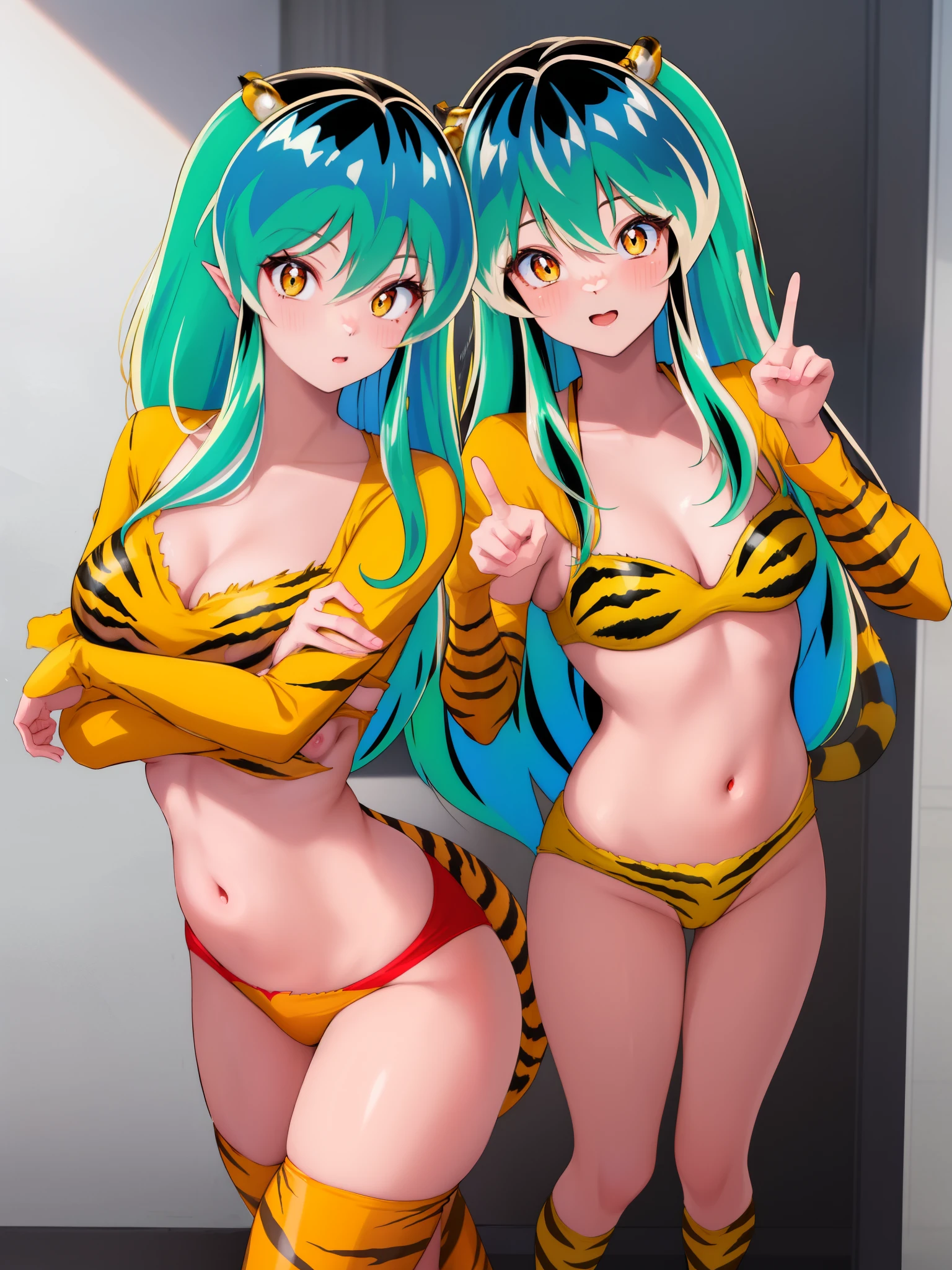 very detailed, 8K, cinematic, urusei yatsura, rum, thin, skinny, girl beautiful girl, cute, (oni horn1.2), flight girl, flight, horn, young, sexy, dynamic, (Tiger Stripes:1.2), (Cat Lingerie:.8), Yellow clothes, cleavage cutout, masterpiece, highest quality, hire, opened mouth, tooth, super detailed, multicolored eyes, beautiful eyes, detailed face, nice girl, small breasts, blush, (beautiful day:1.2), nice, cat tail, stupid, playful, cute pose, cat pose, fine eyes, (The wind is blowing:0.5), fine hands, five fingers, highly exposed, bikini, highly exposed服, NSFW