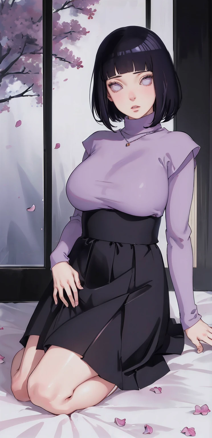 { - anatomy error} (Masterpiece - Ultra-detailed, very high resolution) (huge titusty, masterpiece, absurdres, hinata\(boruto\), 1girl, solo,mature female, lilac turtleneck blouse, high waist black long skirt, looking at viewelling petals), perfect composition, detailed lips, big breast, beautiful face, body propotion, blush, (pink lips), short hair, (black hair), purple eyes, soft gaze, super realistic, detailed, photoshoot, realistic face and body, closed mouth , lilac eyes, full body, sitting on the floor , back boots, hidden hands, perfect fingers, inocent face