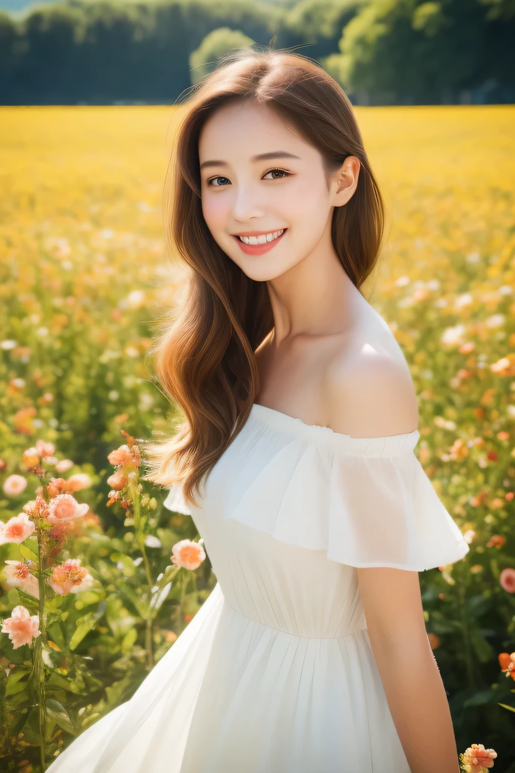 highest quality, table top, ultra high resolution, (realistic:1.4), RAW photo, 1 girl, white dress, off shoulder, Blossom Rose Flower Field, glowing skin, light smile