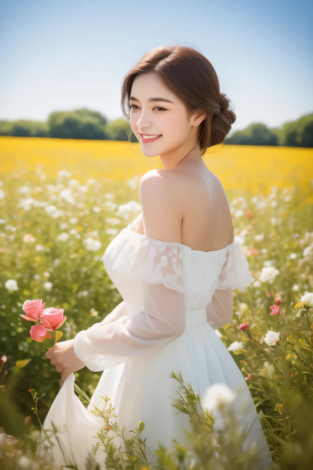 highest quality, table top, ultra high resolution, (realistic:1.4), RAW photo, 1 girl, white dress, off shoulder, Blossom Rose Flower Field, glowing skin, light smile