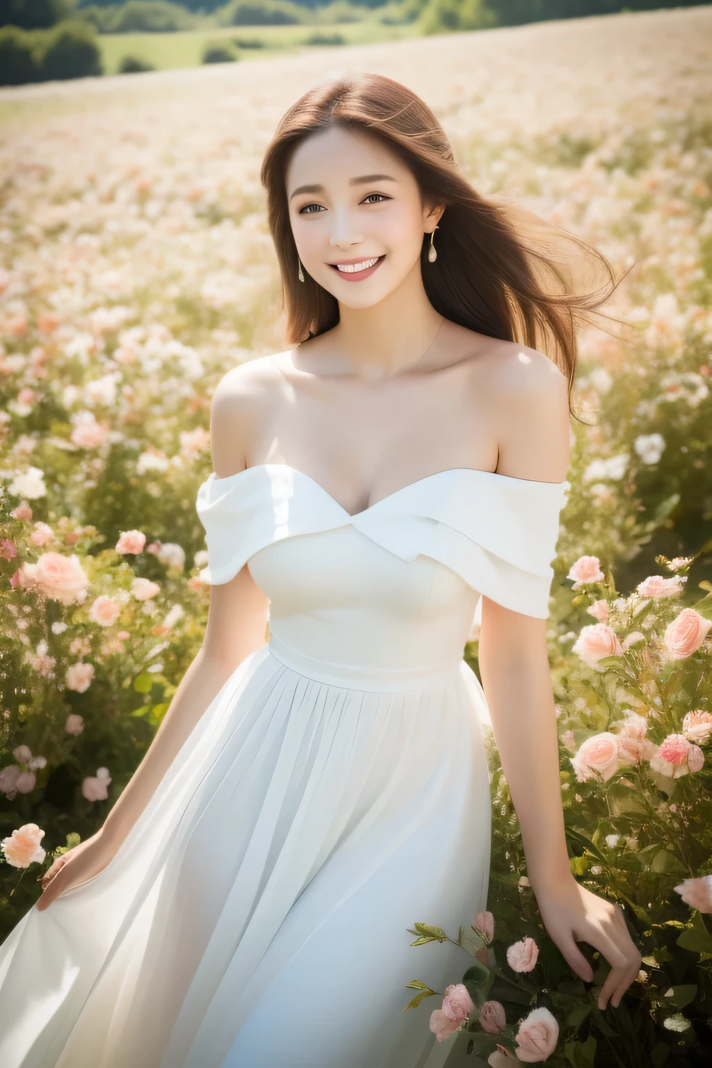 highest quality, table top, ultra high resolution, (realistic:1.4), RAW photo, 1 girl, white dress, off shoulder, Blossom Rose Flower Field, glowing skin, light smile