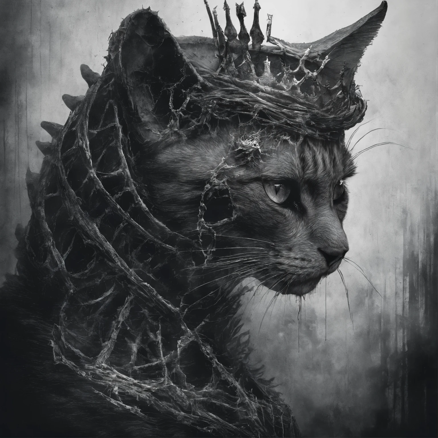 cat, cat skeleton, Heart, tears flesh apart, grinning, face covered in blood, crown on head, 
