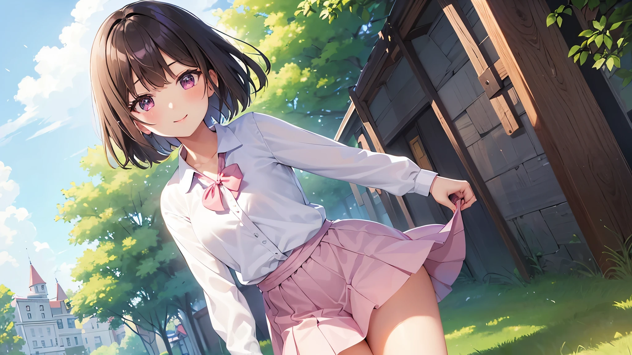 very cute girl、girl、Elementary and middle grades、dark brown hair、bob cut、short hair、Violet eyes、smile、Crystal clear white skin、white blouse、pink cardigan、Red skirt、Black knee-high、whole body、grassland。