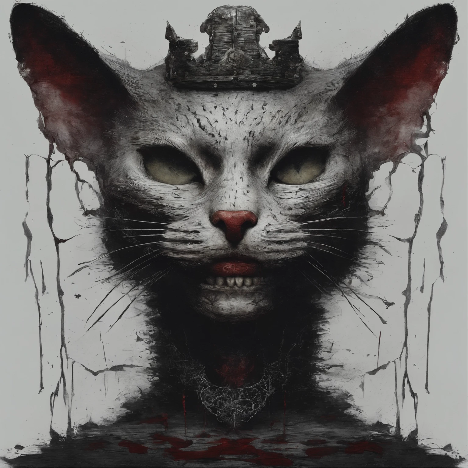 cat, cat skeleton, Heart, tears flesh apart, grinning, face covered in blood, crown on head, 