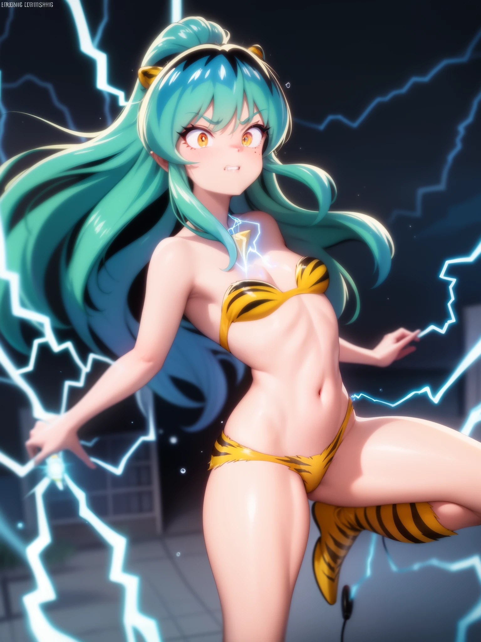 full body shot, urusei yatsura, rum, blush, subsurface scattering, Furry Tiger Stripe Strapless Bikini, (anger:0.5), (rage:0.3), (tears目, tears:0.5), (tooth:1), zapping electricity at ataru morobishi, (facing the camera:0.5), cute, sexy, poop, laugh at, snarl, frown, (Wet:0.5), the wind is strong, thin, skinny, , (In the air:0.1), (flight:0.8), dynamic pose, (small breasts:0.9), very detailed teeth, Defined teeth, very detailed mouth, (closed your mouth:0.9), sharp focus, Narwal is a spiral demon horn, Small pointed ogre horns, (Fluffled Hair:0.6), (hair:0.5), building, Japan suburbs, 1980s japanese house, contrast, Sharpen eyelashes, straight teeth, best hand, perfect teeth, very detailed hair, Casting lighting, beautiful eyes, very detailed eyes, very detailed horns, (pointed ears:0.6), very detailed face, very detailed hands, Reach for the camera, Lighting from the hands, accurate needle, natural breasts, cleavage, nice, long hair, multicolored eyes, very detailed, 8K, cinematic, super detailed, Artistic, water droplets, masterpiece, dynamic, complex lighting, hire, figure, professional lighting, dynamic lighting, high contrast, sunset, Colorful sky, (outdoor, Japan suburbs, 1980s \(style\):0.7), (Electrokinesis, electricity:1.5), perspective, very detailed, highest quality, perfect hands, perfect anatomy, Nice views, very detailed skin, very detailed background, amazing, great hands, Elegant hands, Consistent background, knee high boots, Trending with ArtStation, trending on cgsociety,