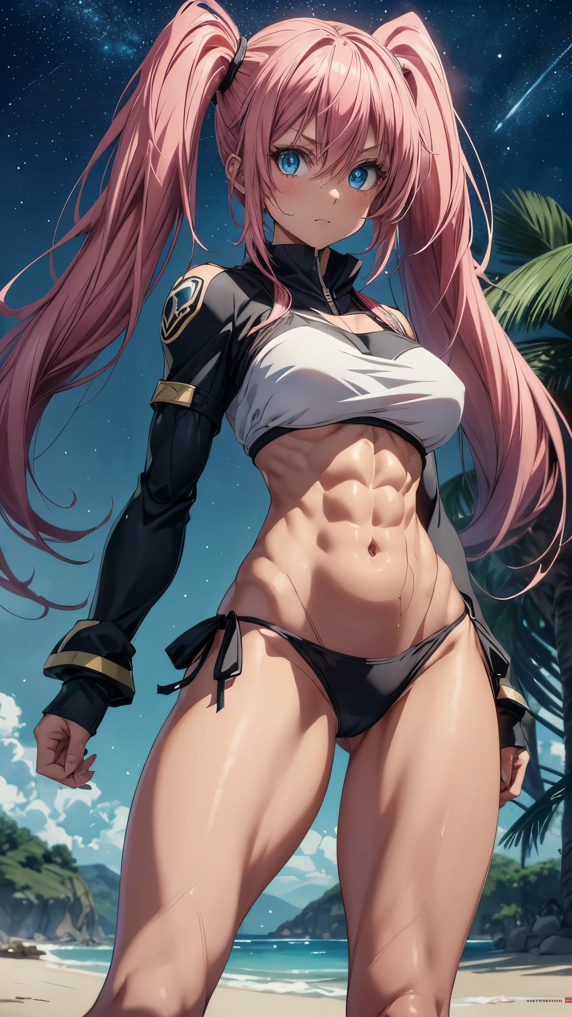 1 girl, (medium breasts))), (((wearing short bikini))), (long pink hair), (((blue eyes))), thin arms, (on the beach at night with starry sky and moon blood full), (slim waist), (((muscular legs))), muscular belly, barefoot, (((showing her big ass to me))), (full body photo), (twintails), long eyes, reflection ocular, bad mood, anime, anime style, ray tracing, glare, drop shadow, Panorama, Sony FE, 8k, UDisk, artwork, accurate, anatomically correct, super detail, best quality, Ultra high resolution, Hard Udisk, 16k