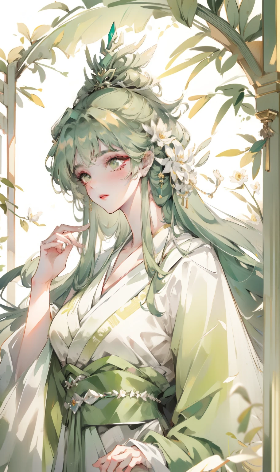 Close-up of a woman wearing a green dress and dia, palace ， A girl wearing Hanfu, beautiful figure painting, Hungry Ghost Festival, beautiful fantasy queen, ((beautiful fantasy queen)), Inspired by Qiu Ying, Inspired by Ma Yuanyu, guweiz, hanfu, Inspired by Lan Ying
