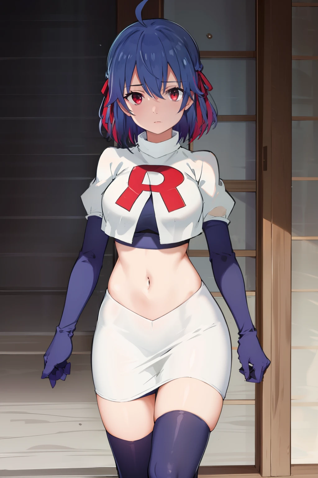 (exceptional, best aesthetic, new, newest, best quality, masterpiece, extremely detailed),Ruti, 1girl, solo, ribbon, hair ribbon, short hair, red eyes, blue hair, ahoge, multicolored hair, gradient hair, jewelry, bangs, expressionless, looking at viewer, hair between eyes, team rocket,team rocket uniform,white skirt,red letter R,crop top,black thigh-highs,black elbow gloves