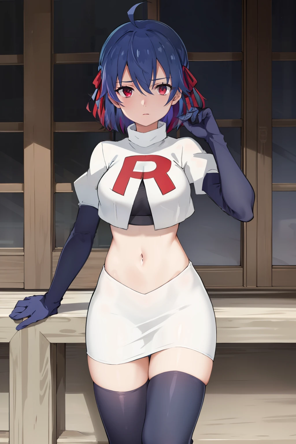 (exceptional, best aesthetic, new, newest, best quality, masterpiece, extremely detailed),Ruti, 1girl, solo, ribbon, hair ribbon, short hair, red eyes, blue hair, ahoge, multicolored hair, gradient hair, jewelry, bangs, expressionless, looking at viewer, hair between eyes, team rocket,team rocket uniform,white skirt,red letter R,crop top,black thigh-highs,black elbow gloves