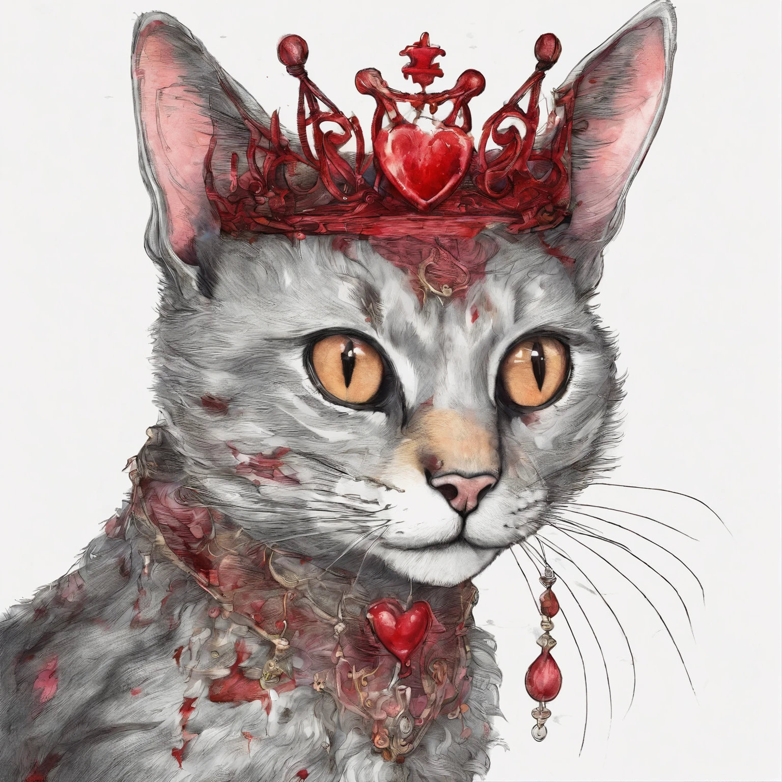 cat, cat skeleton, Heart, tears flesh apart, grinning, face covered in blood, crown on head,