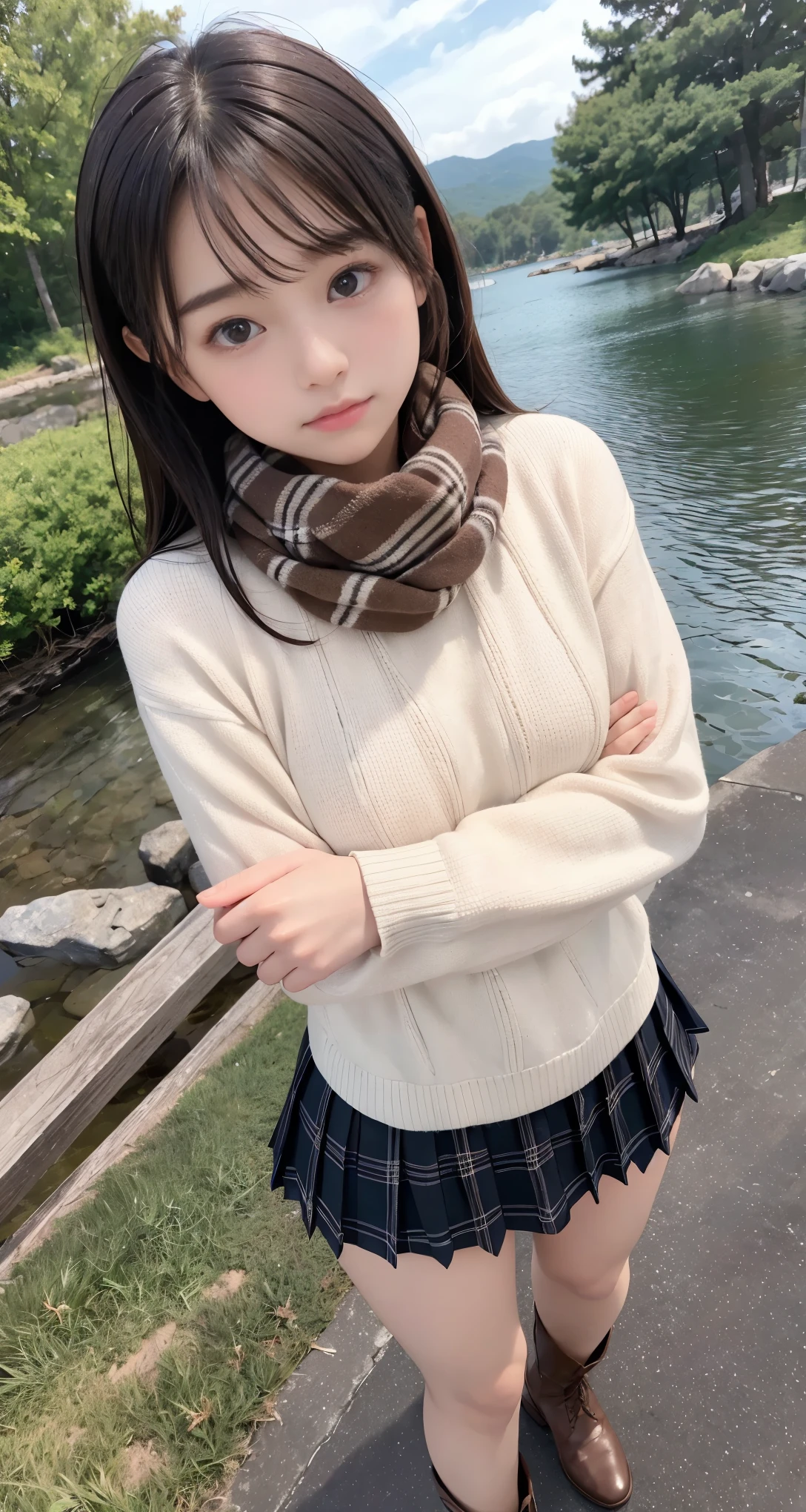 (masterpiece:1.3), (8K, Photoreal, Raw photo, Subject a little far away、best image quality: 1.4), 17-year-old girl、((Full body shot down to the toes))、healthy slim body shape、A small round face with a cute smile、super detail face、Detailed and moist eyes、natural makeup、((With bangs、Medium hair styled up))、(Beautiful woman:1.4)、light brown hair、natural color lip、highest quality、masterpiece、Super high resolution、(Photoreal:1.4)、Scarf、Down jacket、Tight sweaters、plaid pleated mini skirt、round big breasts、Beautiful raw legs、ankle mini boots、cute expression、transparent skin、Stylish poses、shining hair、Full body Esbian、facing the front、Whole body proportions、