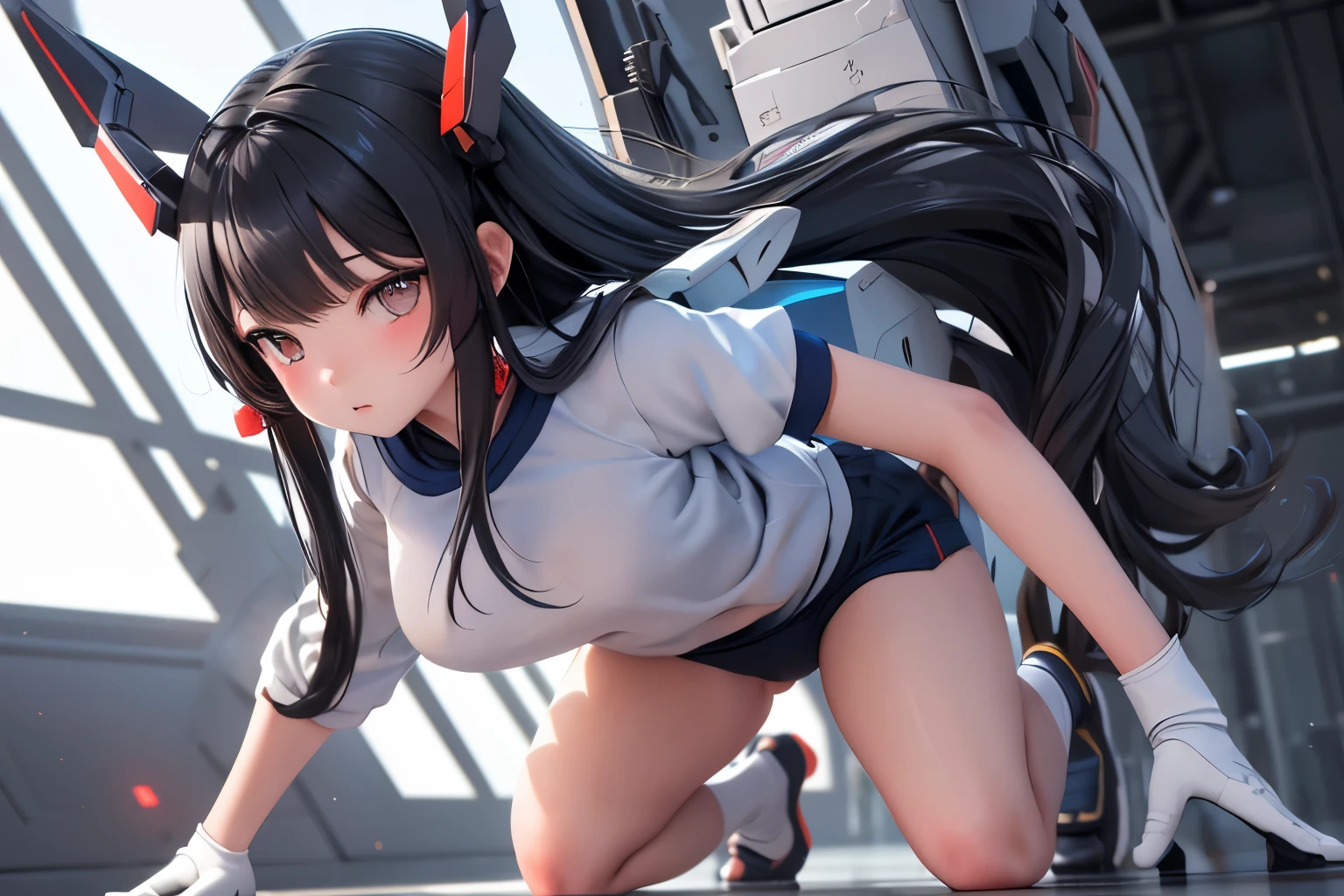 (highest quality)), ((masterpiece)), (very detailed: 1.3), 3D, {(ung girl)}, (wear navy buruma and white gym uniform with colored hem under armor:1.3), (black hair:1.5), (She is fused with futuristic Gundam mecha:1.3), with headgear, with v-fin , armored shoulders,armored under arms, armored under legs, short sleeve, joint weapon into pussy,, camel toe:1.2, multilayer textureperfect proportions, octane rendering, duotone lighting, Low ISO, wide aperture, White balance, Rule of thirds, ultra HD16k, HDR (High Dynamic Range), Ray Tracing, NVIDIA RTX, Super Resolution, Subsurface Scattering, PBR Texturing, Post Processing, Anisotropic Filtering, Depth of Field, Maximum Clarity and Clarity, High efficiency subpixel, subpixel convolution, particles of light, light scattered, Tyndall effect, full body:1.5, (crawl on all fours:1.3, open legs), , cute, (cute:1.2), (long hair:1.3),太い眉毛, 薄い色の虹彩, 大きくて輝いている黒い瞳, 長いまつげ, 小さく薄い色の自然な唇, (Average face of Japanese idols), (日本人特有の童顔:1.3), (baby face), 広いおでこ:1.2, ふっくらした頬, 小さな顎, in the hangar,looking at viewer,Focus on the eyes , (完璧な4本の指, 親指1本),恥ずかしい,(from behind:1.4),