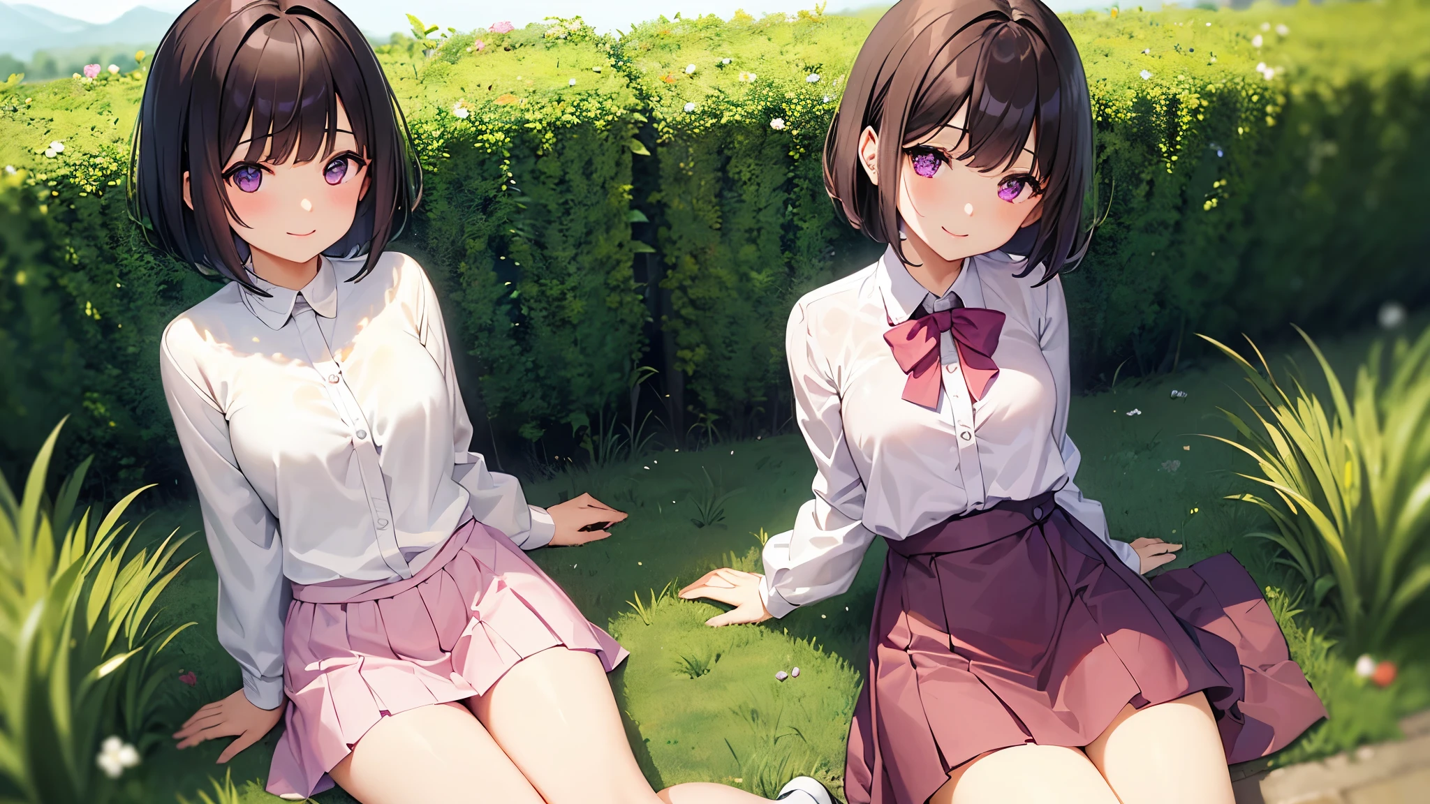 very cute girl、(girl、)、dark brown hair、bob cut、short hair、Violet eyes、smile、Crystal clear white skin、white blouse、pink cardigan、Red skirt、Black knee-high、whole body、grassland。