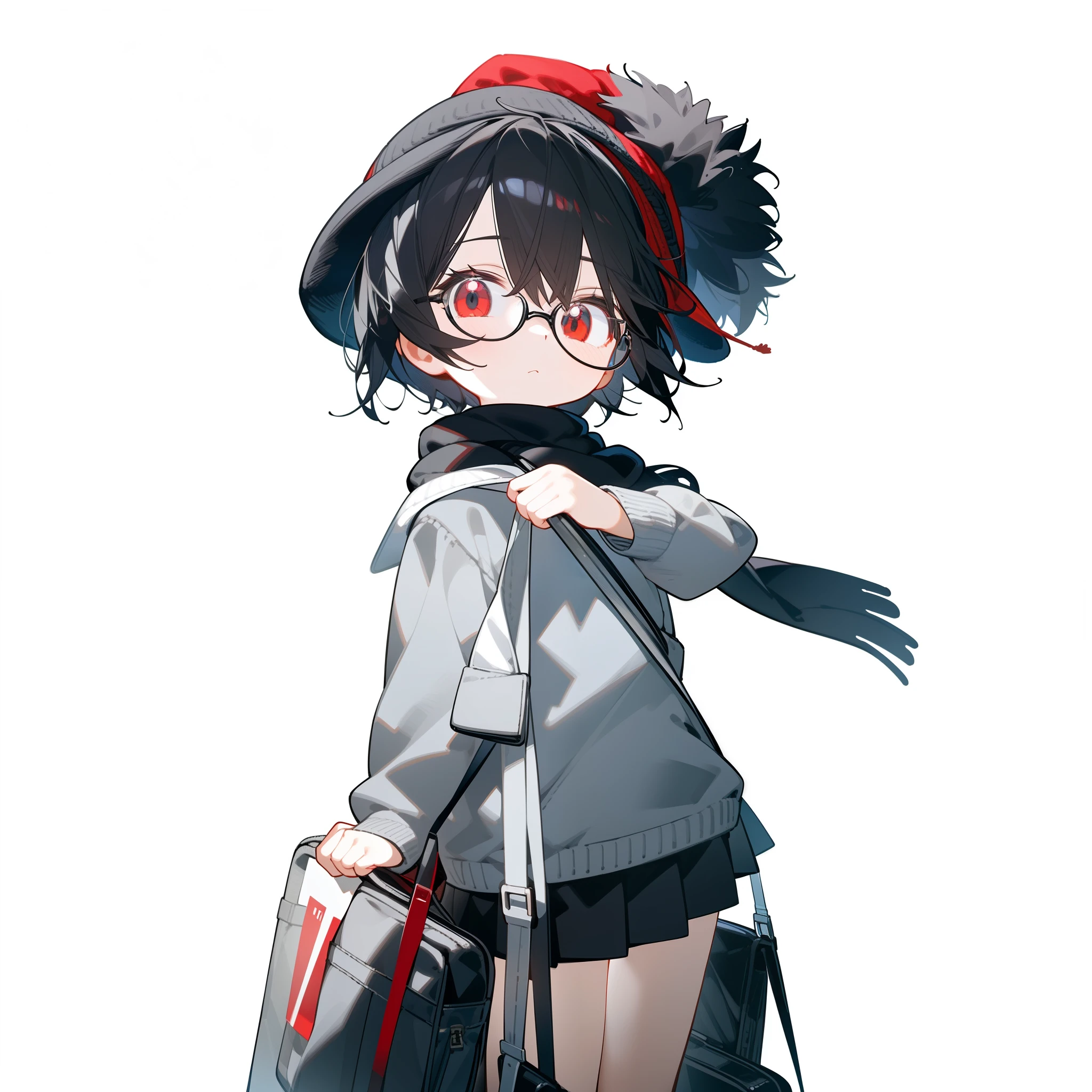 (masterpiece), best quality, expressive eyes, perfect face, red eye, black beanie, fluffy cut black hair, black scarf, tool bag black, black school sweater, short skirt, Round Glasses Black, simple Background
