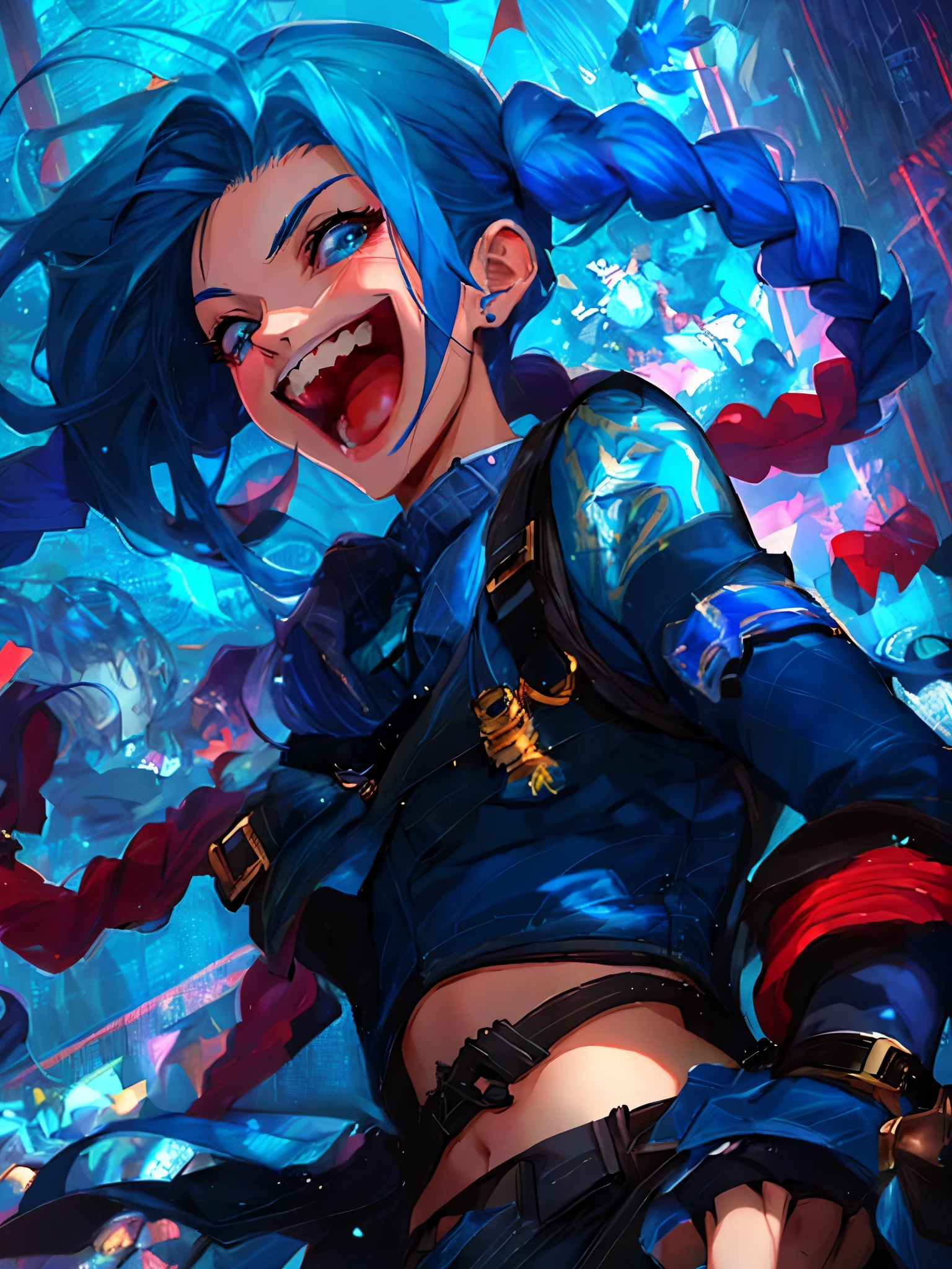 um close de uma pessoa com cabelo azul e uma roupa azul, expressando alegria. por Krenz Cushart, artgerm e atey ghailan, Lois van Baarle e Rossdraws, sorriso insano, desenho animado rossdraws vibrante, azar de League of Legends, Ross Draws 1. 0, rossdraws sakimimichan, Ross Draws 2. 0