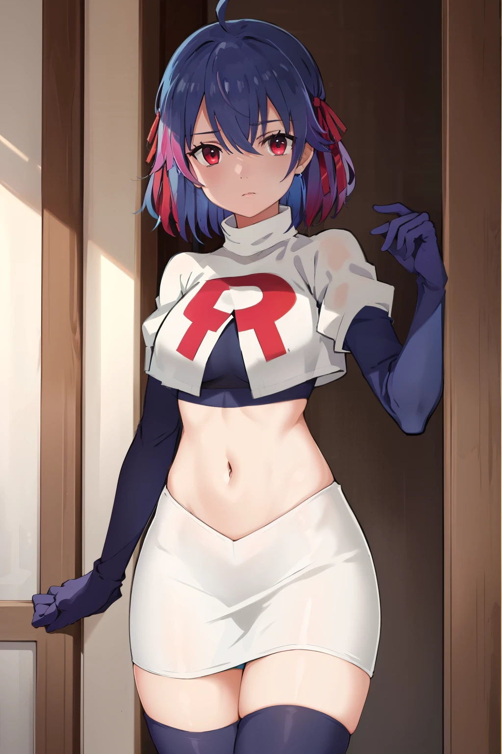 (exceptional, best aesthetic, new, newest, best quality, masterpiece, extremely detailed),Ruti, 1girl, solo, ribbon, hair ribbon, short hair, red eyes, blue hair, ahoge, multicolored hair, gradient hair, jewelry, bangs, expressionless, looking at viewer, hair between eyes, team rocket,team rocket uniform,white skirt,red letter R,crop top,black thigh-highs,black elbow gloves