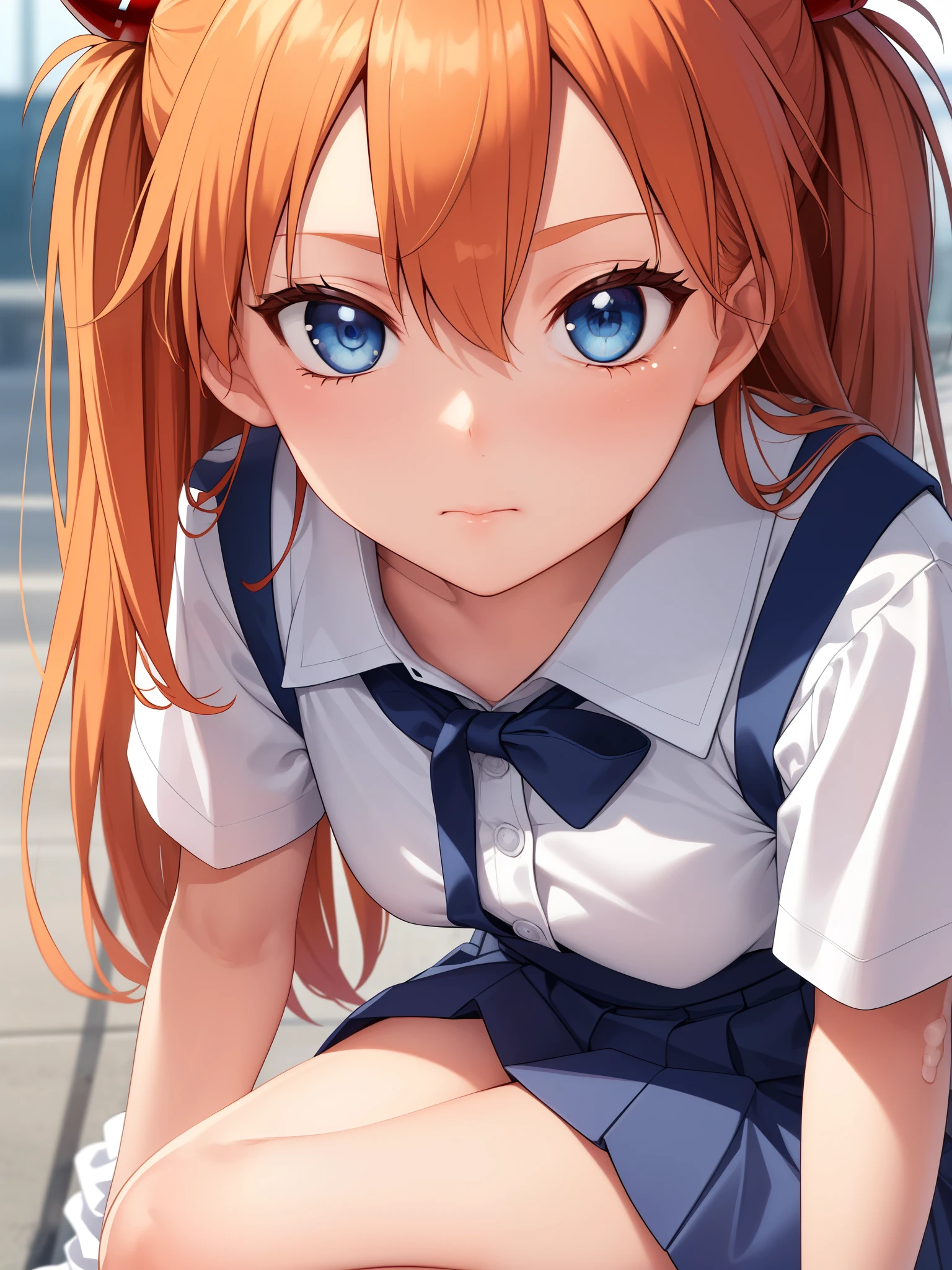 (masterpiece, highest quality:1.2), (Tsurime:1.2),
(face focus, close up of face, close up of face:1.2), Tsurime, 1 girl, Soryu Asuka Langley, alone, blue eyes, school uniform, looking at the viewer, long hair, think back, Tokyo-3 middle school , orange hair, white shirt, from behind, shirt, short sleeve, closed mouth, bangs, two side up, stage, legs stick out from frame, white socks, suspender skirt, blue skirt, blue dress, outdoor, dress, hair ornaments,
