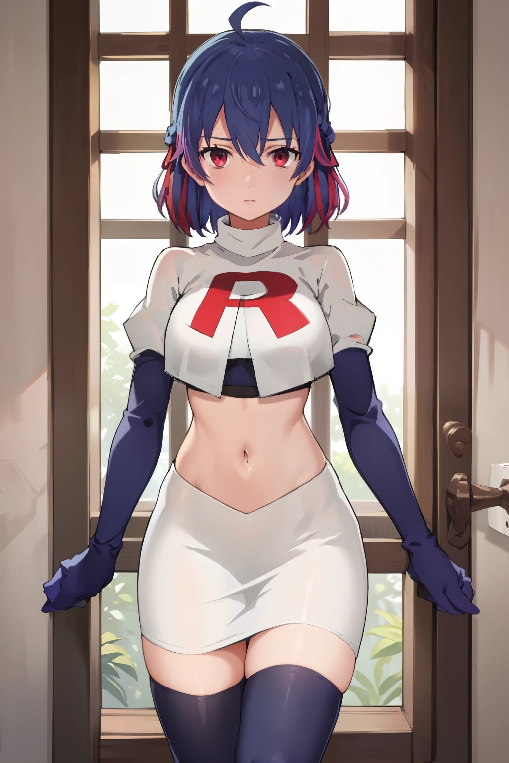 (exceptional, best aesthetic, new, newest, best quality, masterpiece, extremely detailed),Ruti, 1girl, solo, ribbon, hair ribbon, short hair, red eyes, blue hair, ahoge, multicolored hair, gradient hair, jewelry, bangs, expressionless, looking at viewer, hair between eyes, team rocket,team rocket uniform,white skirt,red letter R,crop top,black thigh-highs,black elbow gloves