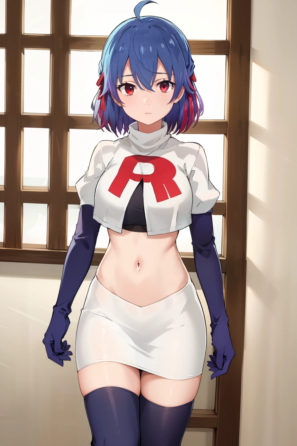 (exceptional, best aesthetic, new, newest, best quality, masterpiece, extremely detailed),Ruti, 1girl, solo, ribbon, hair ribbon, short hair, red eyes, blue hair, ahoge, multicolored hair, gradient hair, jewelry, bangs, expressionless, looking at viewer, hair between eyes, team rocket,team rocket uniform,white skirt,red letter R,crop top,black thigh-highs,black elbow gloves