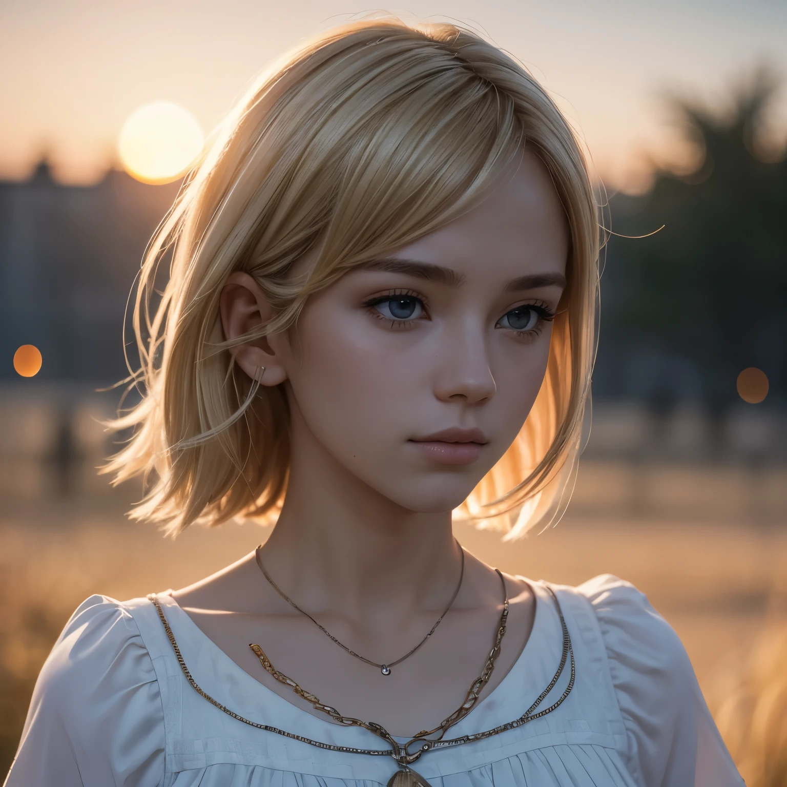 (masterpiece), (very complicated:1.3), (realistic), blonde、Crims、bob hair、white blouse、Portrait of a 16 year old boy, the most beautiful in the world,Upper body, outdoor, intense sunlight, distant castle, Stunning boy professional photo details, sharp focus, dramatic, Awards, cinematic lighting, Octane Rendering Unreal Engine, Volumetric DTX, (film grain, blurred background, blurred foreground, Bokeh, Depth of bounds written, sunset, motion blur:1.3), chain mail