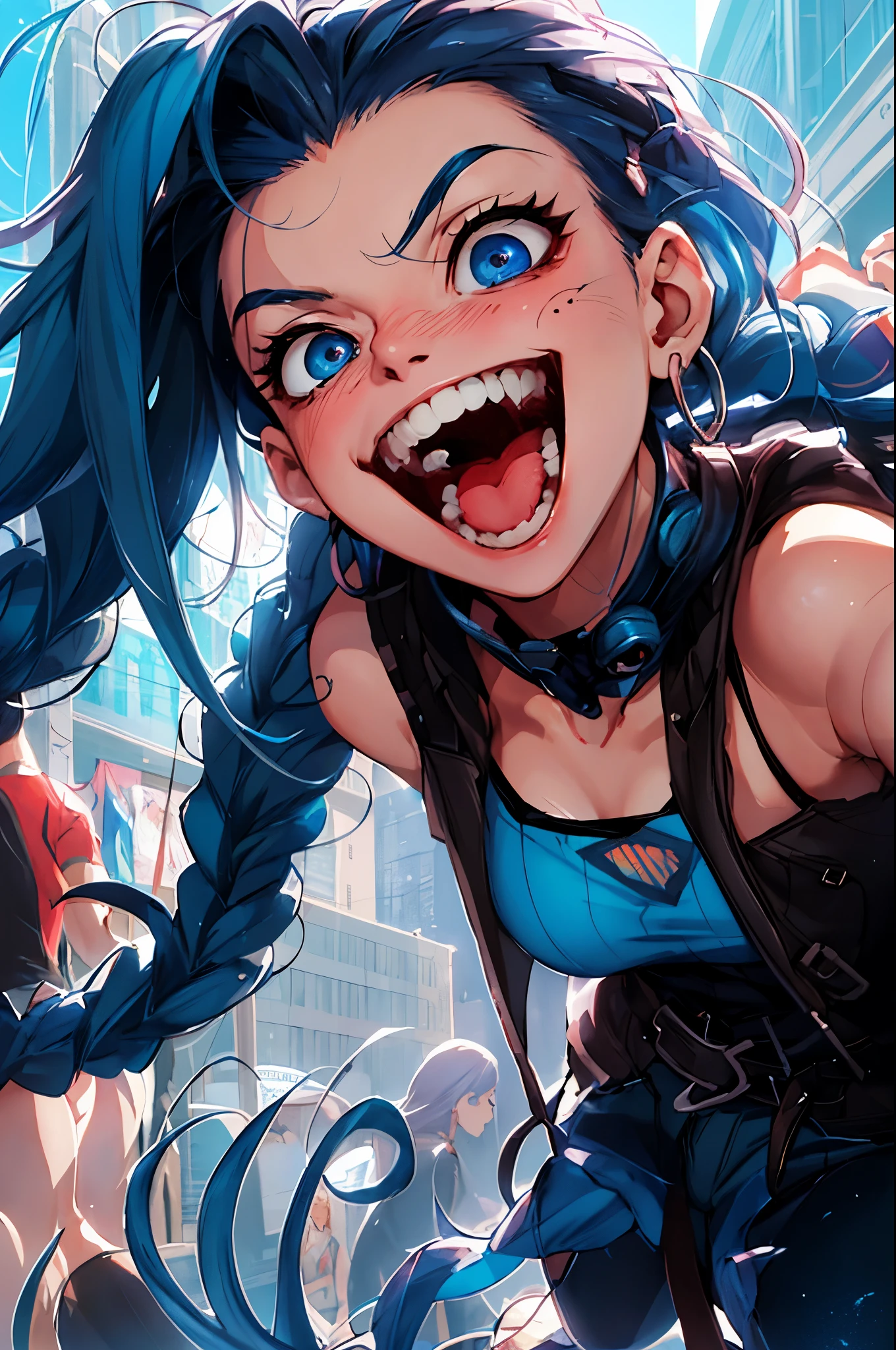 um close up de uma pessoa com cabelo azul e uma mochila, expressando alegria. por Krenz Cushart, Lois van Baarle e Rossdraws, cara de azar, Ross Tran!!!, artgerm e lois van baarle, Ross Tran style, azar de League of Legends, artgerm e atey ghailan, in the style of Ross Tran