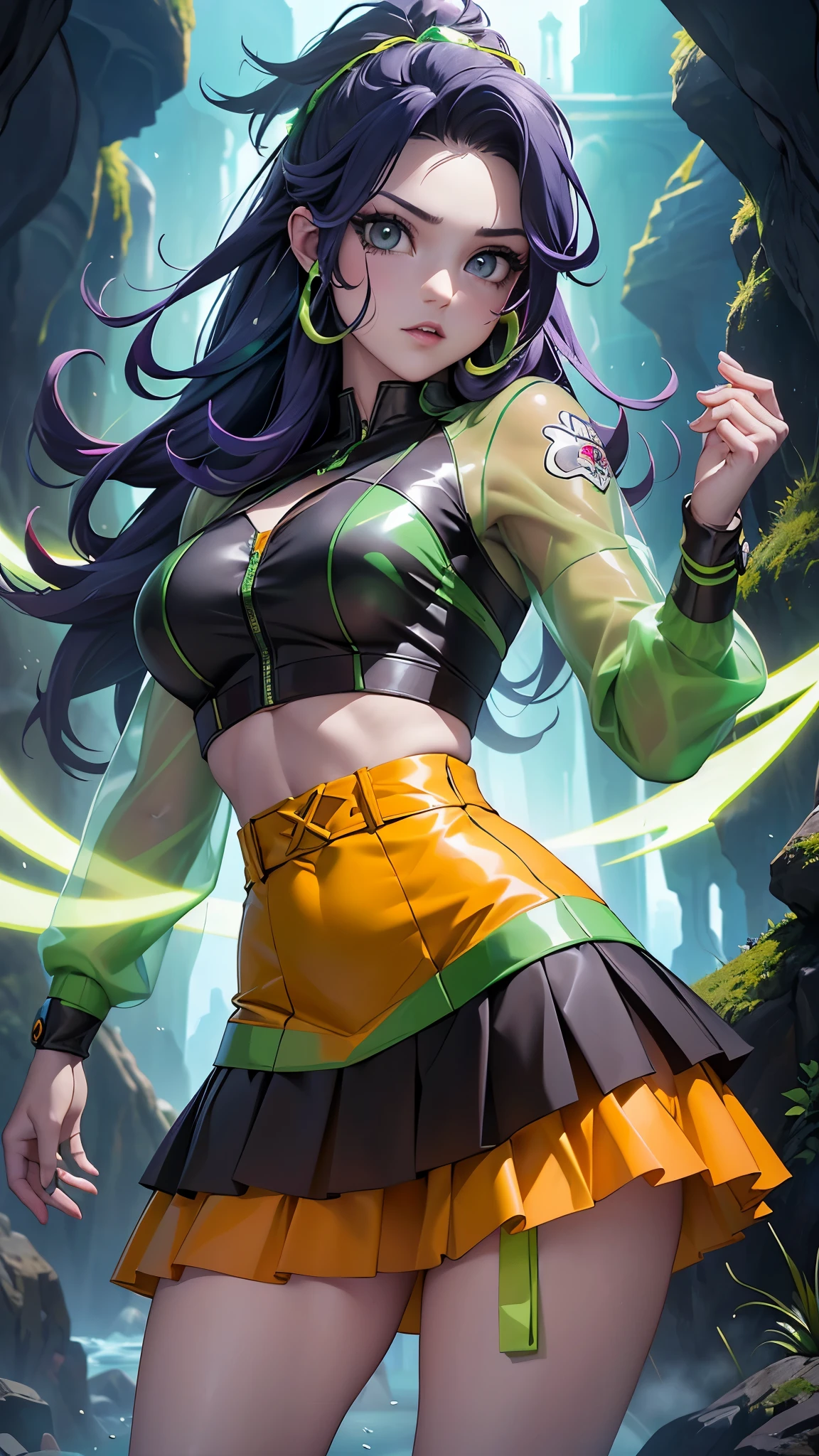 (La mejor calidad,A high resolution,Ultra - detallado,actual),Ariana Grande vestida con chaqueta verde ciborg,dance balet ,(chaqueta student neon verde:1.4), (miniskirt transparente verde colegiala ciborg:1.4),fondo pared de hielo congelado caverna, cabello largo white canoso, ,More detailed 8K.motor irreal:1.4,UHD,La mejor calidad:1.4, fotorrealista:1.4, textura de la piel:1.4, obra maestra:1.8,obra-prima, mejor calidad,objeto Objeto], (detailed face features:1.3),(Las proporciones correctas),(convexo Dedos detallados),(Ojos hermosos azules),  (pose vaquero) ,(chaqueta transparente verde ciberpunk:1.4), (fondo hielo congelado caverna:1.4), (chaqueta orange+rojo ciborg:1.4), cabello largo rojo, (perfect anatomy ), (tiene un parche en el ojo de pirata:1.4) ,(cyber cyborg orange red chaqueta) , (mostrando vientre plano), (has transparent plastic clothing:1.4) ,(mostrando panties encaje) ,(Piel negra Africana:1.4) ,( ciberpunk 2.1), (cabello largo yellow neon:1.4), (yellow cyberpunk Bluetooth headphones on the head:1.4) ,(mostrando brasier color amarillo encaje:1.4) 